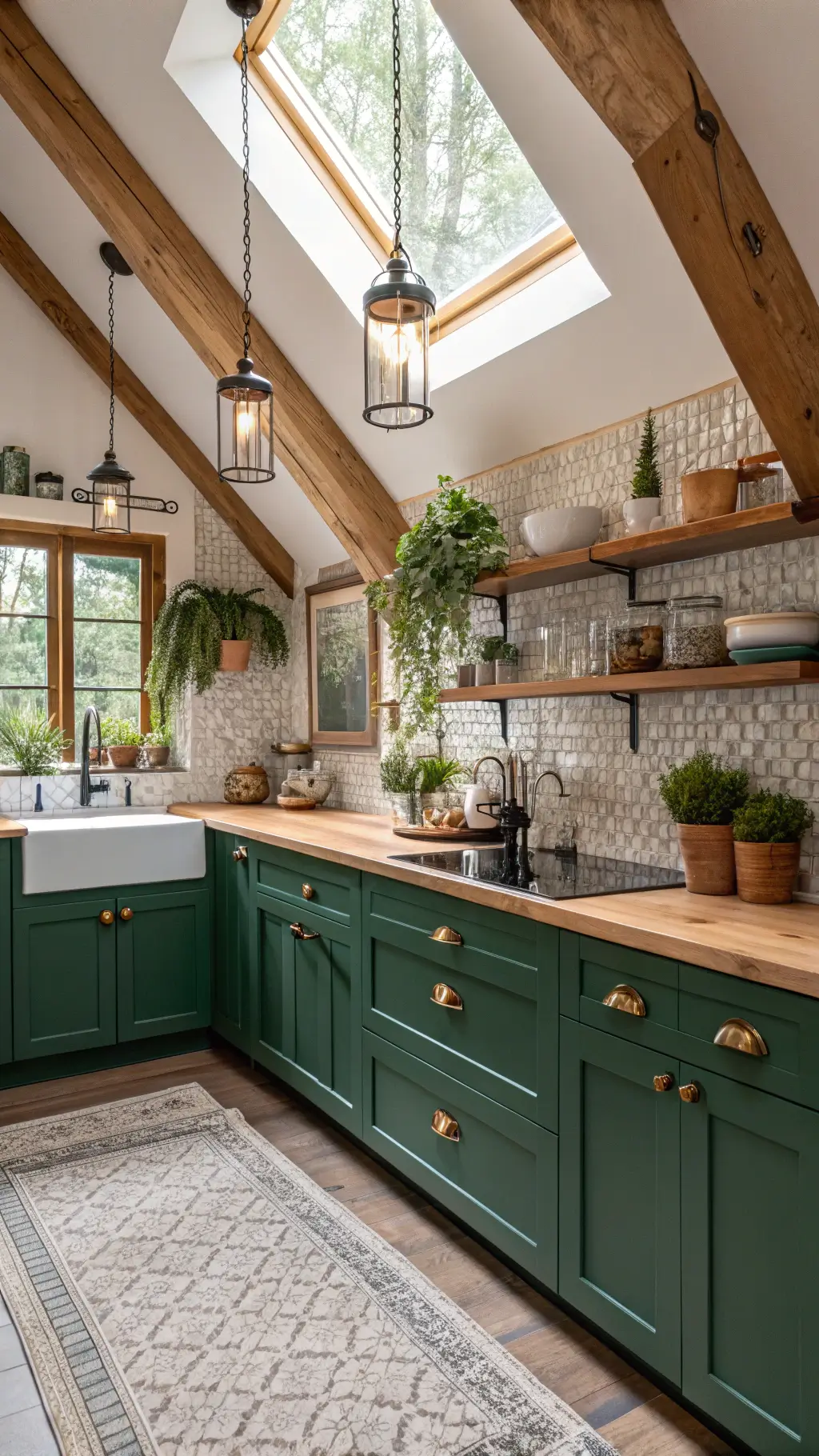 Charming bohemian 12x15ft kitchen with sloped ceiling, exposed beams, emerald cabinets, butcher block counters, handmade tile backsplash, pendant lights and styled with pottery and hanging plants under a skylight.