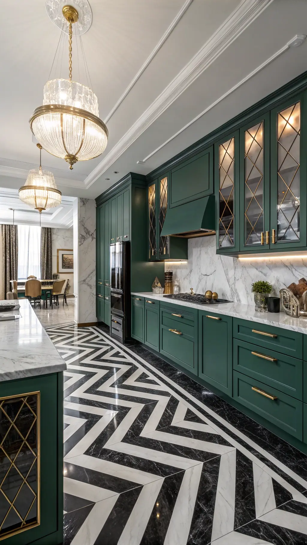 Elegant Art Deco styled kitchen with high-gloss emerald cabinets, geometric brass inlays, black and white chevron marble floors, and glamorous crystal sconce lighting.