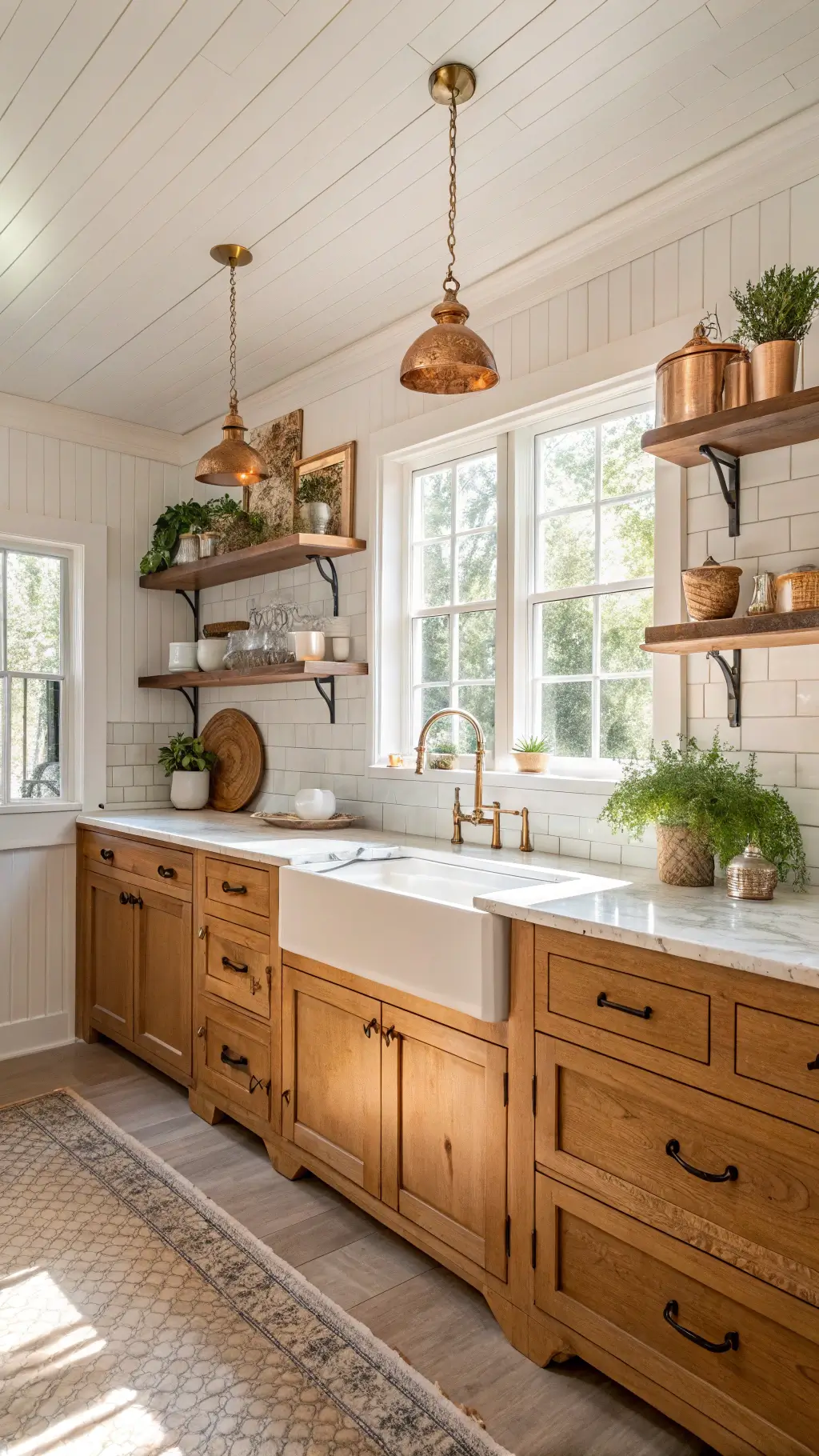 Sunlit farmhouse kitchen with pine cabinets, marble countertops, ceramic displays and vintage copper pots hanging from the ceiling, illuminated by the natural golden hour light through a window.