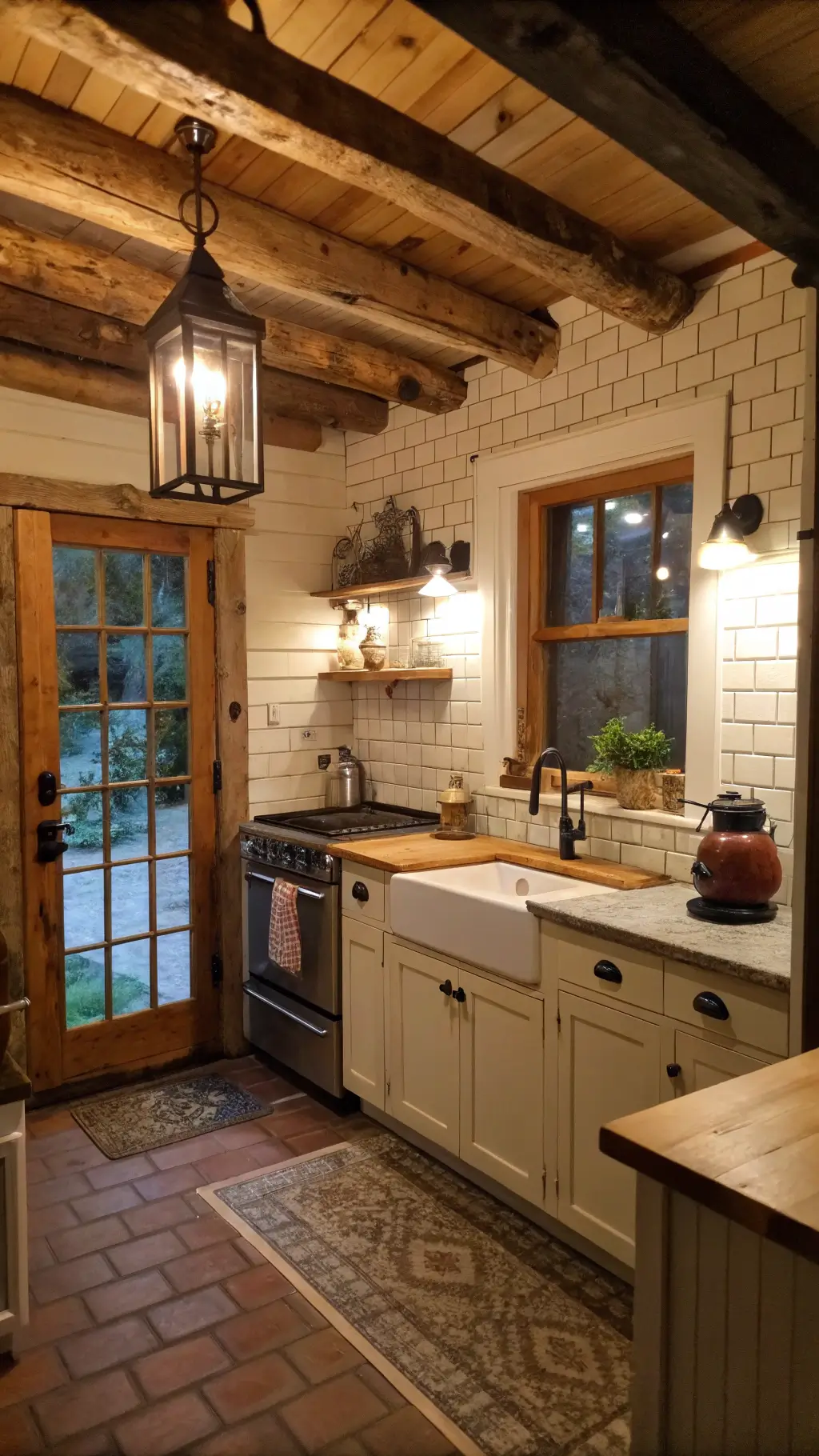 Cozy cottage kitchen with natural pine cabinets, cream subway tile backsplash, vintage pendant light, and antique stove with steaming copper kettle, view from doorway