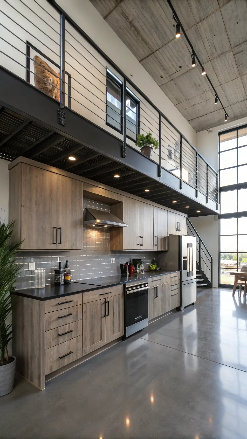 Aerial view of a contemporary loft kitchen with gray wash pine cabinets, stainless steel appliances, black granite countertops, polished concrete floors, minimalist black accessories, and a fiddle leaf fig, accentuated by high-key lighting from floor-to-ceiling windows.