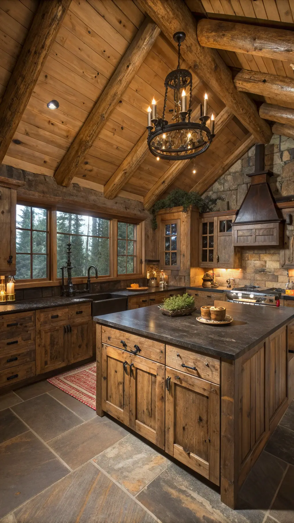 Low angle view of a rustic mountain cabin kitchen with vaulted ceiling, raw edge pine cabinets with bark inclusions, slate countertops, cast iron hardware, oil-rubbed bronze fixtures and vintage enamelware under moody lighting
