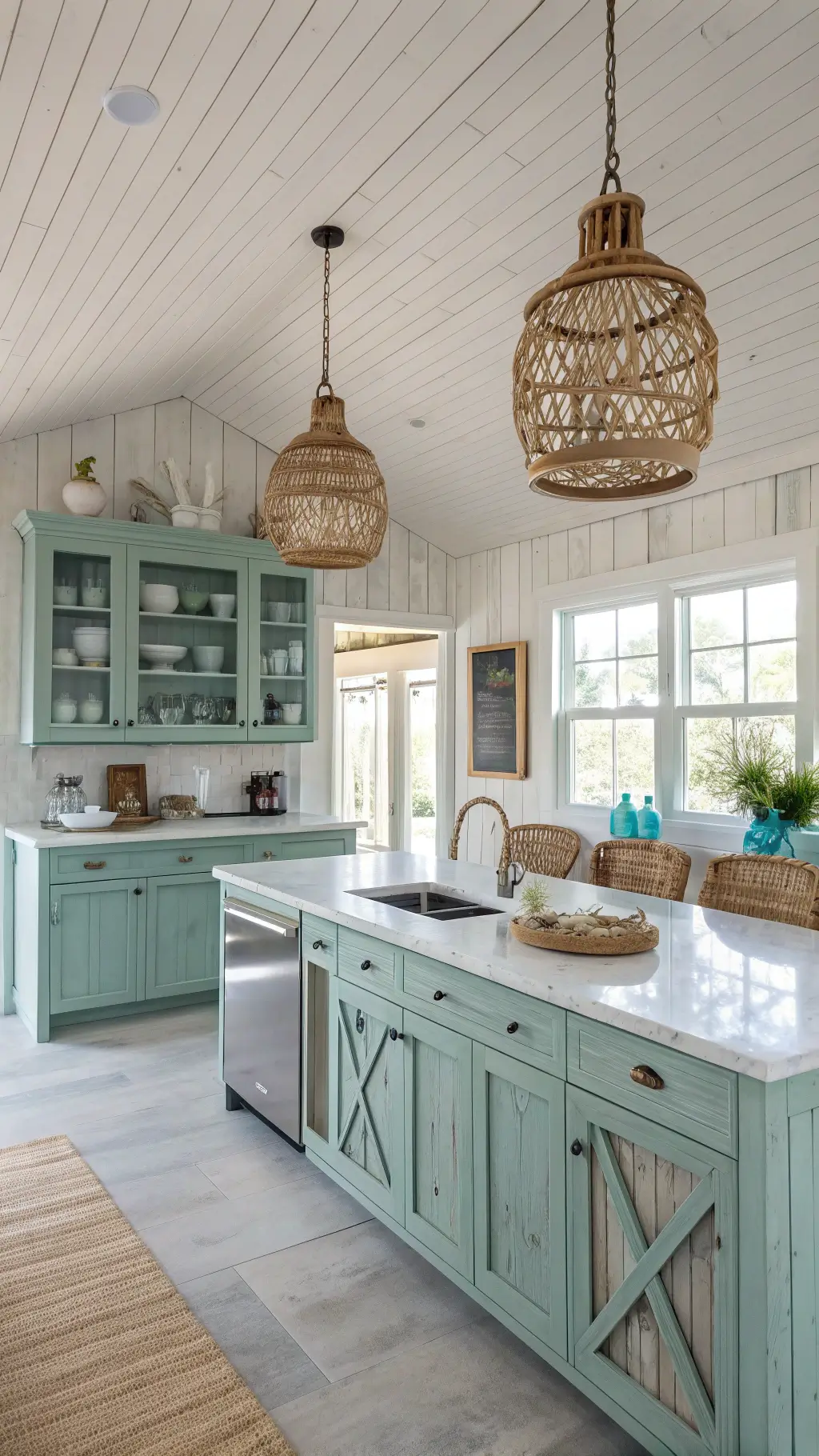 Bright and airy coastal cottage kitchen featuring seafoam washed pine cabinets, white quartz countertops, beadboard ceiling, rattan pendant lights, and styled with blue glass vessels and driftwood accents.