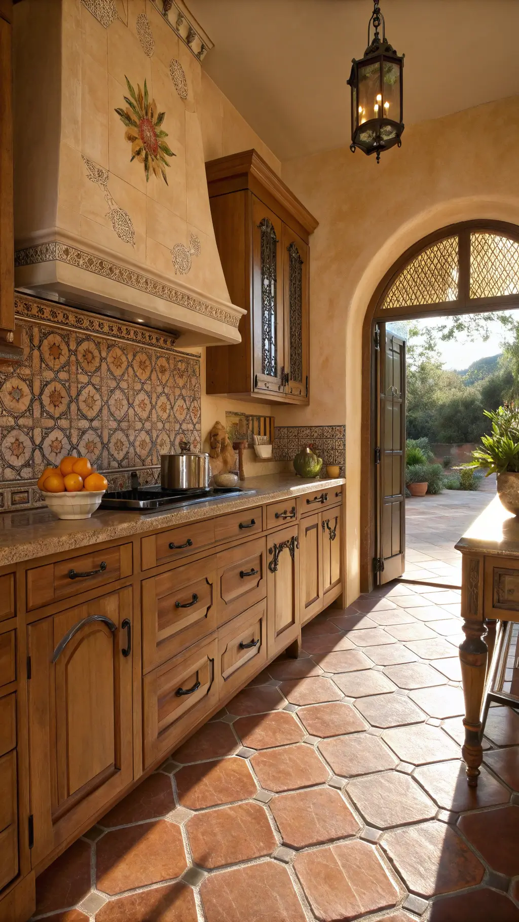 Mediterranean-style kitchen with terracotta floors, honey pine cabinets with antique brass hardware, colorful cement tile backsplash, styled with ceramic pottery and fresh citrus, viewed through an arched doorway with warm, afternoon light casting shadows.