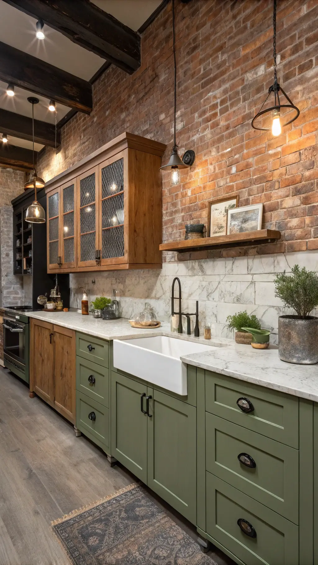 Stylish urban farmhouse kitchen with exposed brick wall, two-tone pine cabinets, mixed metal hardware, warm pendant lights on marble counters, styled with vintage breadboards and potted herbs.