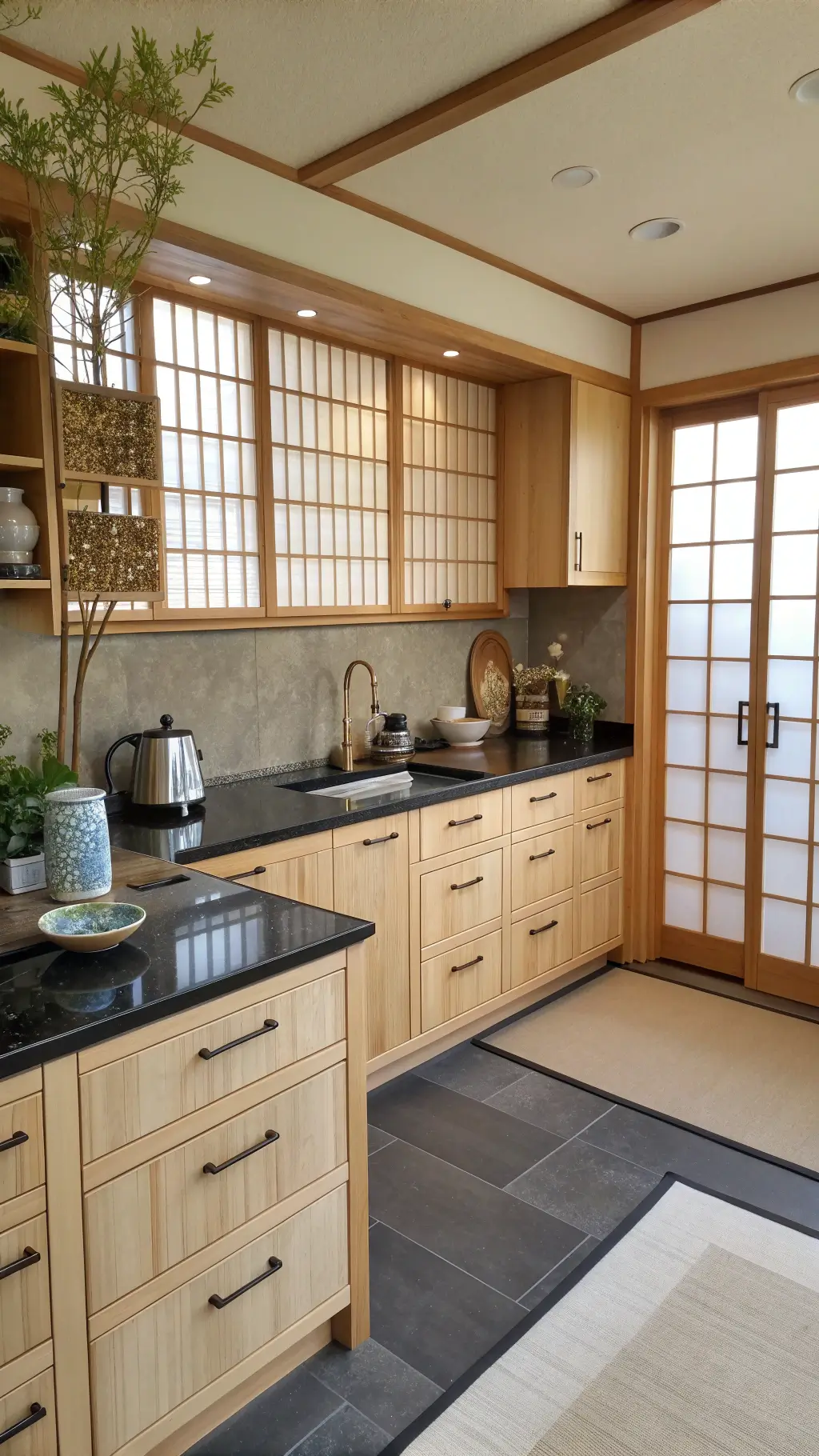 Zen-inspired Japanese kitchen with blonde pine cabinets, black granite countertops, shoji screen details, bamboo accessories, and ceramic tea set illuminated by soft morning light, seen from bird's eye view.