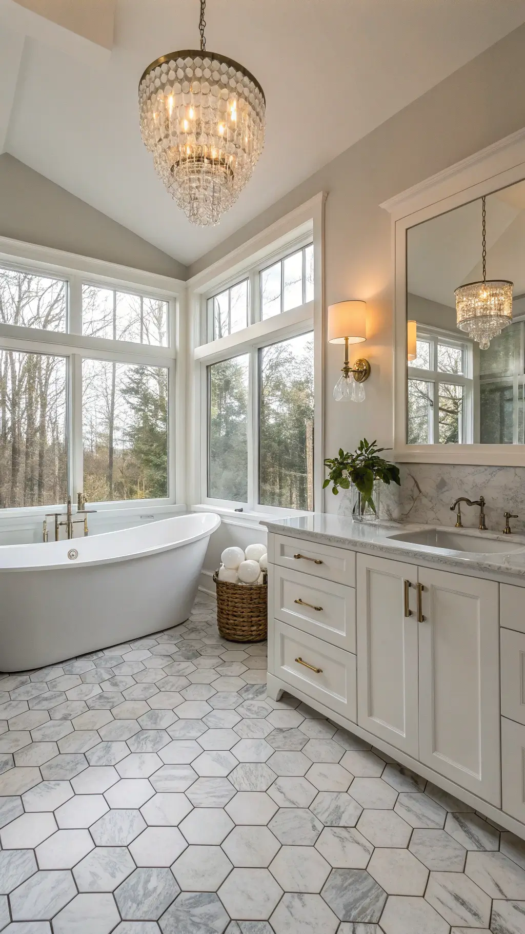 Luxurious primary bathroom with marble tiles, freestanding tub, white vanities with granite tops, seagrass baskets, and glass drop chandelier at dawn, shot to maximize natural light for spa ambiance.
