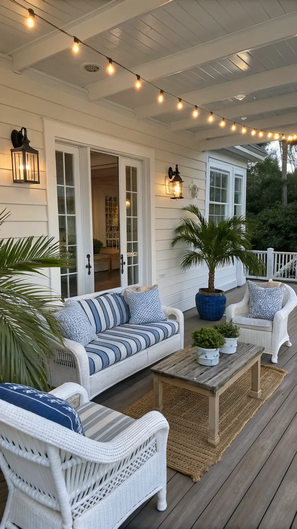 Cozy 14x20ft porch with wicker seating, blue-striped cushions, teak coffee table, palms and lanterns, under string lights in early evening light viewed from interior doorway.