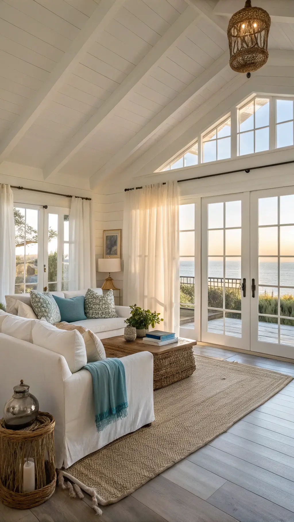 Sunlit coastal living room with high ceilings, large bay windows, and sheer white curtains, featuring a white L-shaped sofa with blue and beige pillows, whitewashed oak floors with a jute rug, and a driftwood coffee table with glass hurricane lanterns