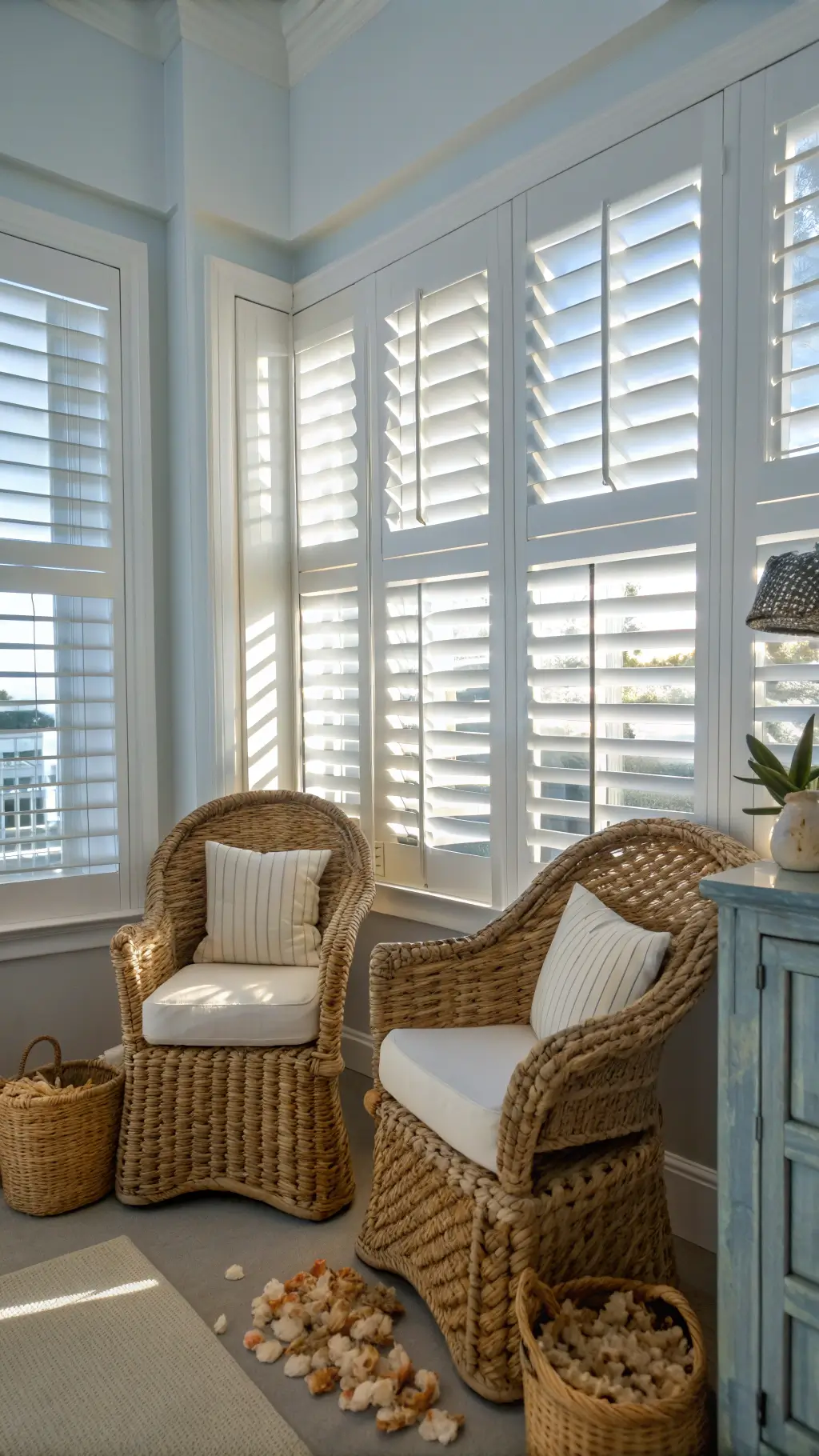 Coastal living room corner at sunrise featuring rattan chairs, a distressed blue side table, and a whitewashed console displaying shells and coral, with morning light casting shadows through plantation shutters