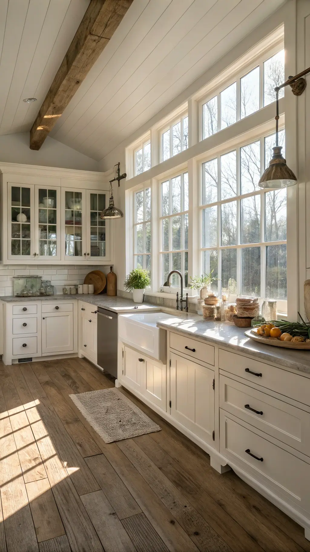 Bright, sun-drenched 14'x16' farmhouse kitchen in early morning light with cloud white upper Shaker-style cabinets, distressed oak lower cabinets, a central apron sink under a window, glass-front display cabinets, and wide-plank reclaimed wood flooring, styled with vintage enamelware, fresh produce, and climbing pothos plant on open shelving. Viewed at 45-degree angle from the breakfast nook.