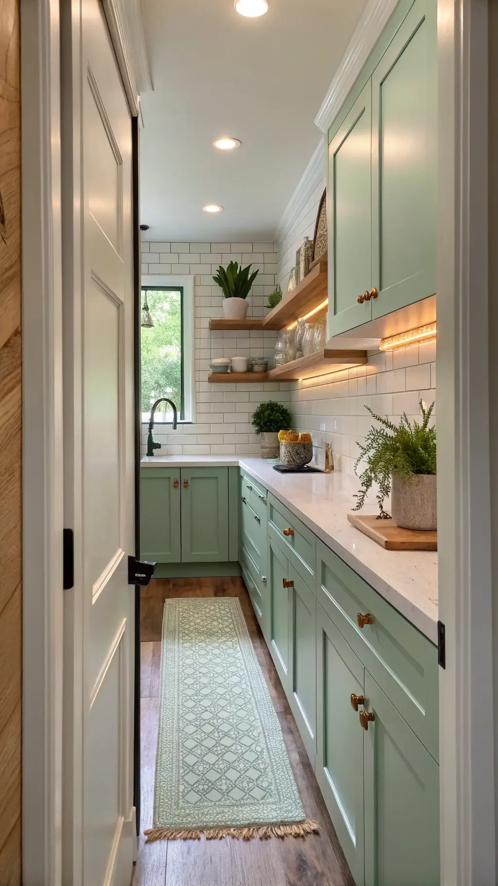 Mint green galley kitchen with under-cabinet LED lighting, white oak floating shelves with ceramics, white penny tile backsplash, and natural styling with potted plants and artisanal bread board.
