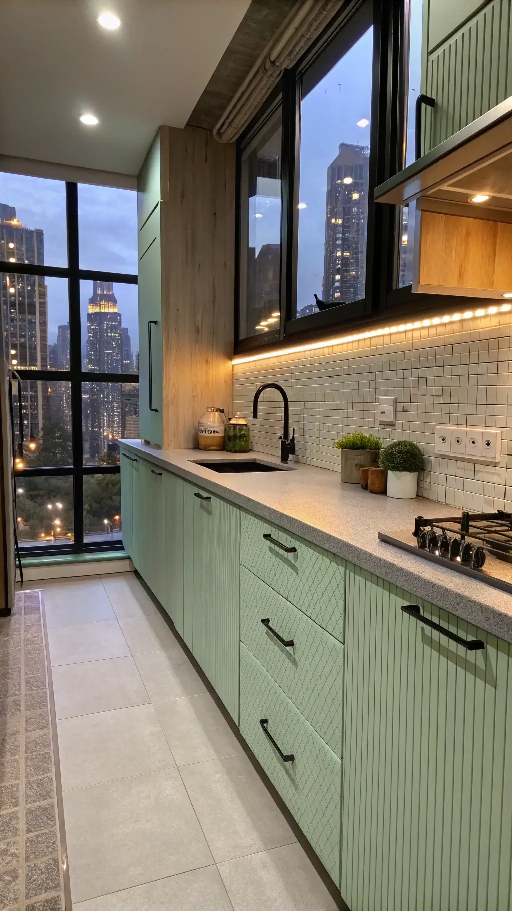 Compact urban kitchen with mint green cabinets, concrete countertops, blackened steel hardware, integrated LED lights, industrial windows overlooking city, styled minimally with geometric pottery collection.