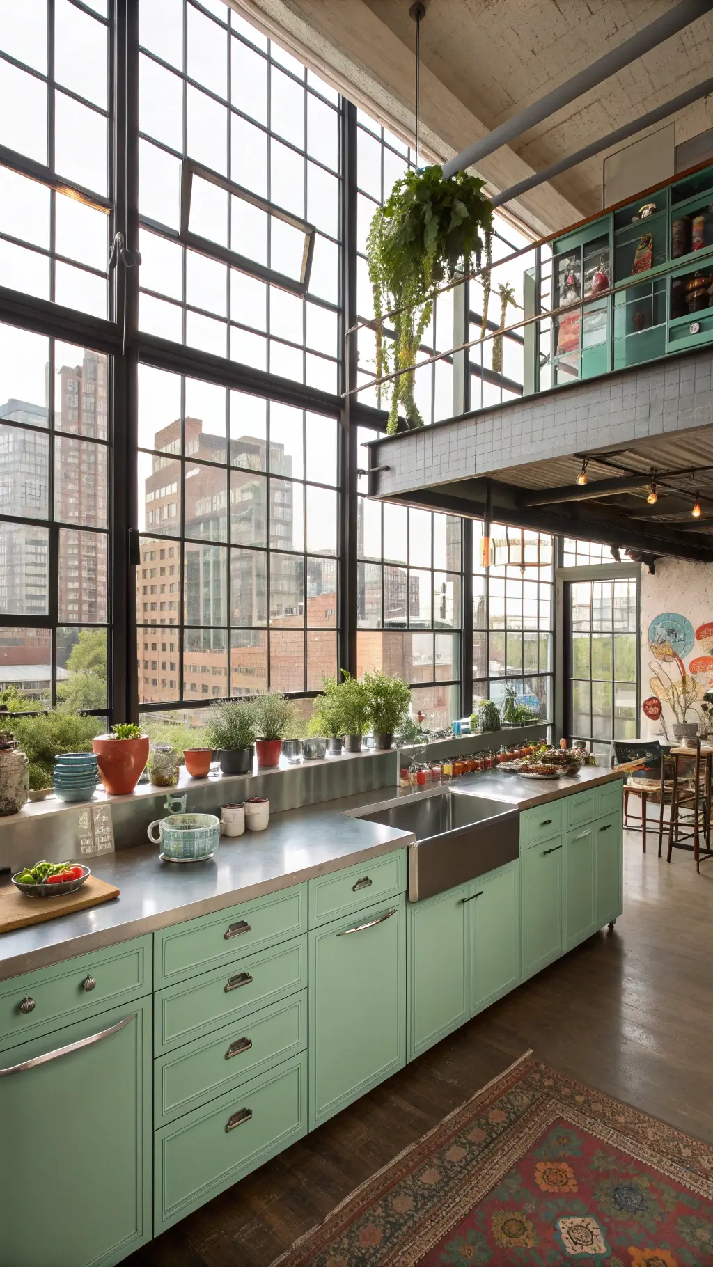 Artist's loft kitchen with mint green metal cabinets, stainless steel counters reflecting cityscape, decorated with colorful ceramics and herb garden, viewed from the mezzanine level with natural light flooding in from large industrial windows.