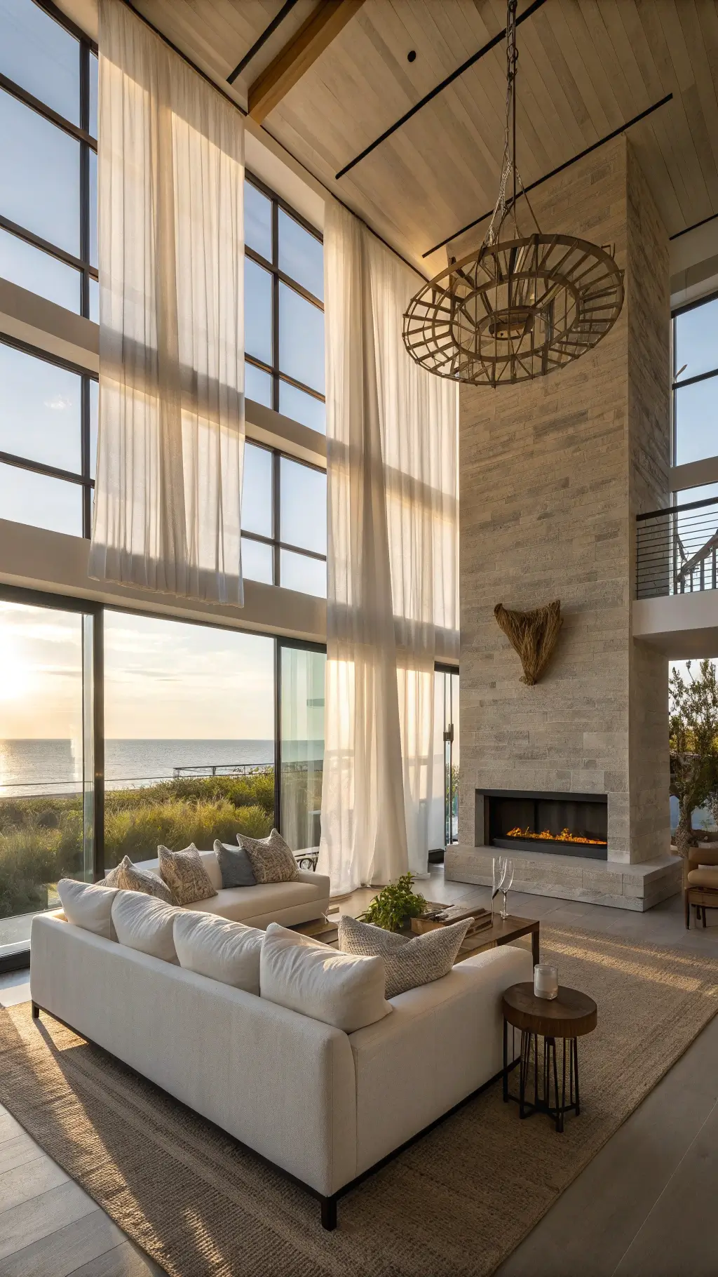 Modern coastal living room with double-height windows, cloud-white modular sofa, and driftwood art above a limestone fireplace, bathed in golden hour light.