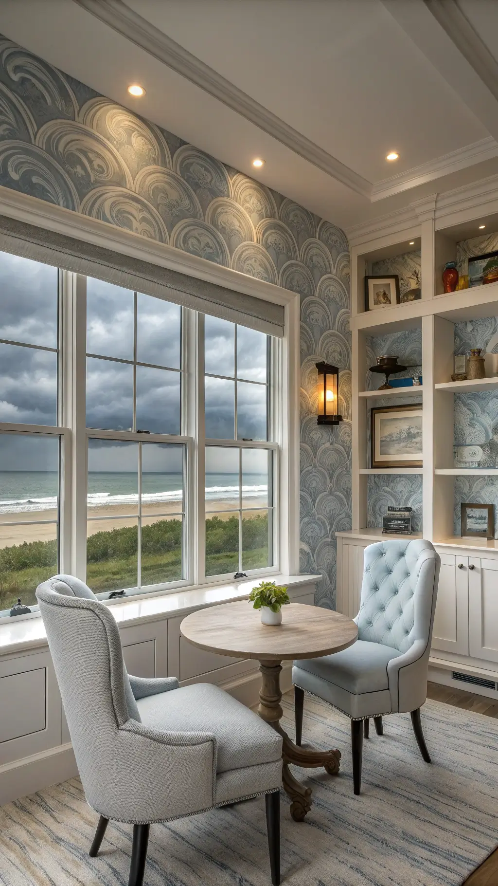 Dramatic afternoon storm seen through window wall in a transitional 18x24ft coastal space with pearl gray upholstered chairs, whitewashed coffee table, textured wave-patterned wallpaper and blue and white chinoiserie on built-in shelves