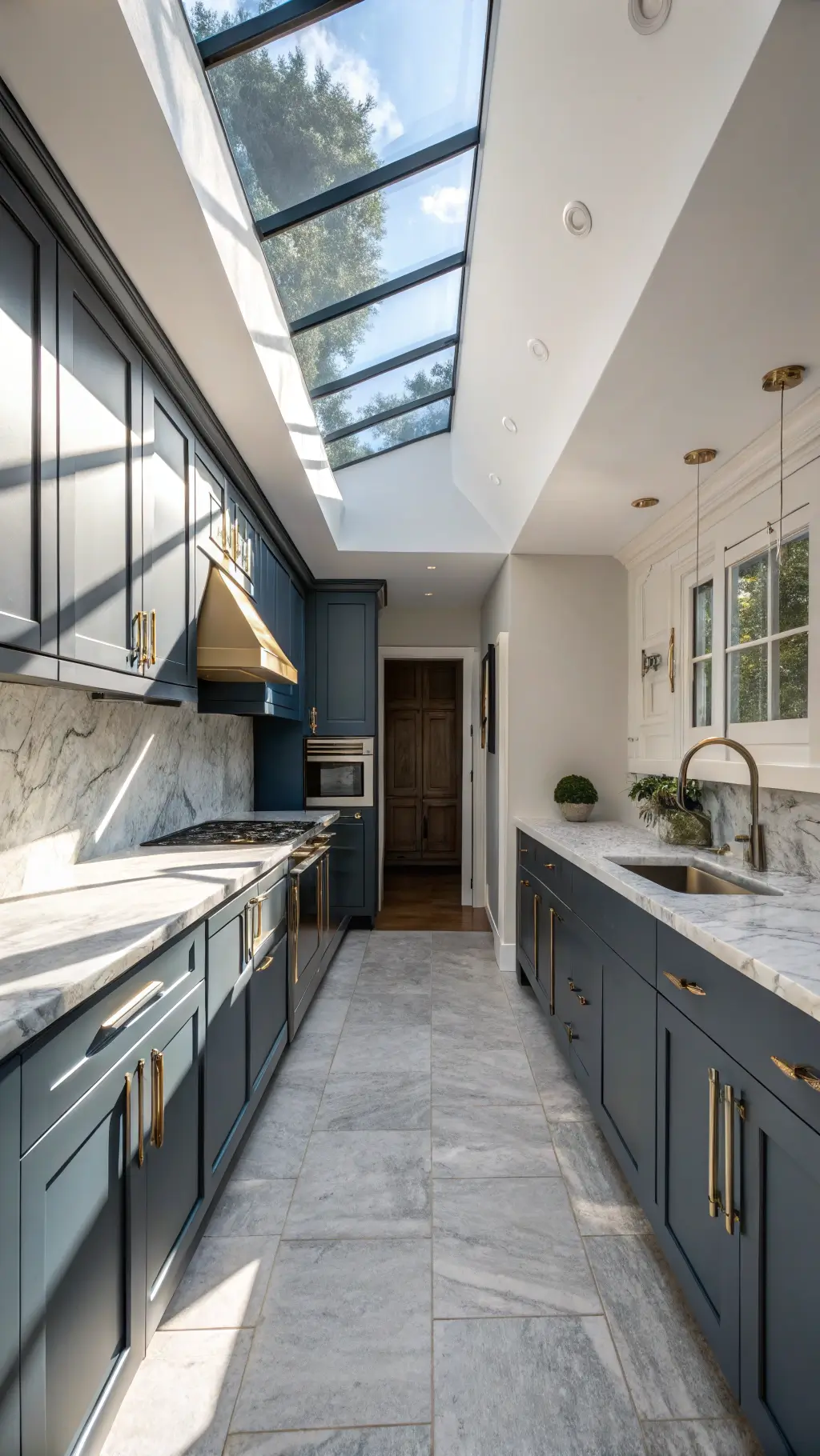 Contemporary galley kitchen with slate blue upper cabinets, deep charcoal lower cabinets, champagne bronze hardware, and extended marble-look porcelain backsplash illuminated by midday sun through skylights and multiple light sources.