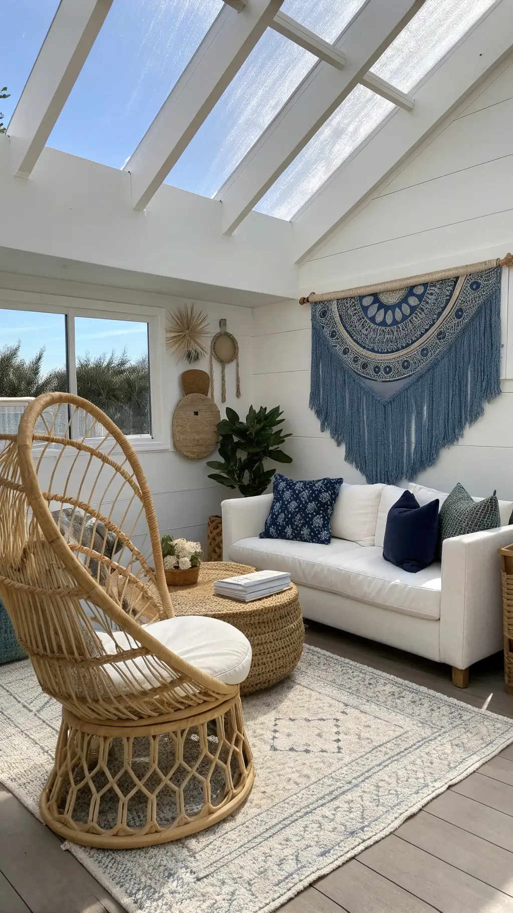 Bohemian coastal theme sitting area featuring skylights, white bouclé sofa, vintage rattan peacock chair, macramé wall decor, and layered indigo textiles with natural midday lighting