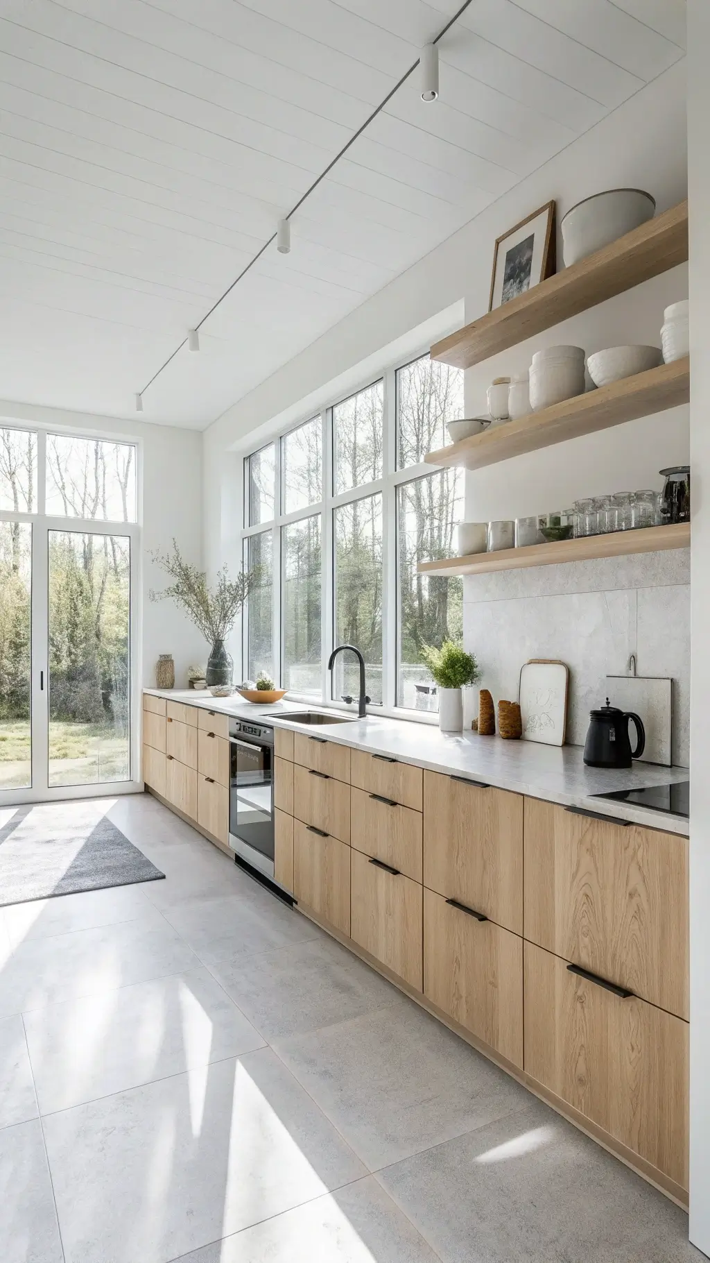 Bright and spacious Scandinavian minimalist kitchen with white walls, pale oak cabinets, concrete countertops, white appliances, and monochromatic ceramics on floating shelves, illuminated by diffused northern light from floor-to-ceiling windows.