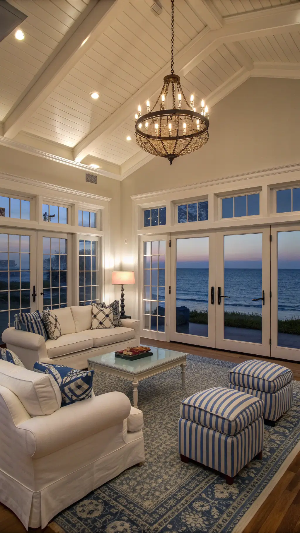 24x28ft Hampton's inspired great room at dusk with French doors leading to ocean view, white linen sofas on a sea glass-colored rug, blue and white striped ottomans, and a crystal chandelier with rope detail, illuminated by ambient evening lighting.