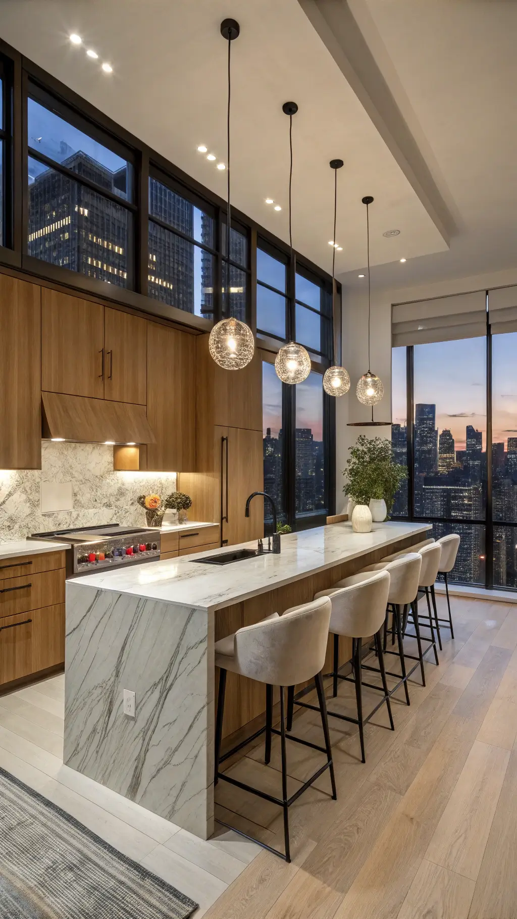Sophisticated kitchen with birch cabinetry, strategic LED lighting, marble waterfall island with velvet barstools, black steel windows with city views, shot from entrance at night.