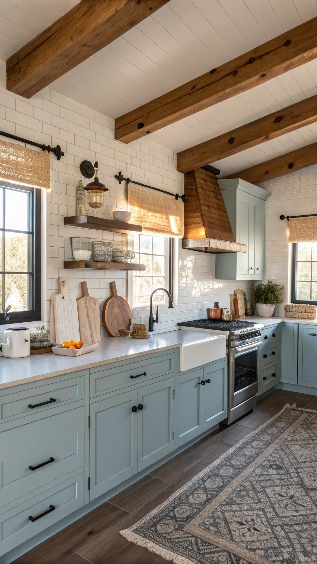 Modern farmhouse kitchen with blue cabinets, exposed wooden beams, and creamy white walls, adorned with wooden cutting boards and copper cookware in natural and artificial warm light.