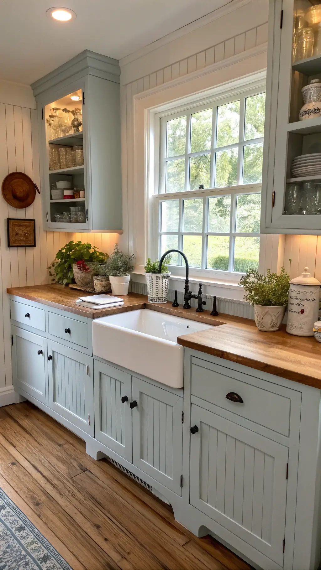 Cottage kitchen featuring pale blue beadboard cabinets, butcher block counters, farmhouse sink, 1920s architectural details, illuminated herbs, vintage pottery, and wide plank pine floors in morning natural light