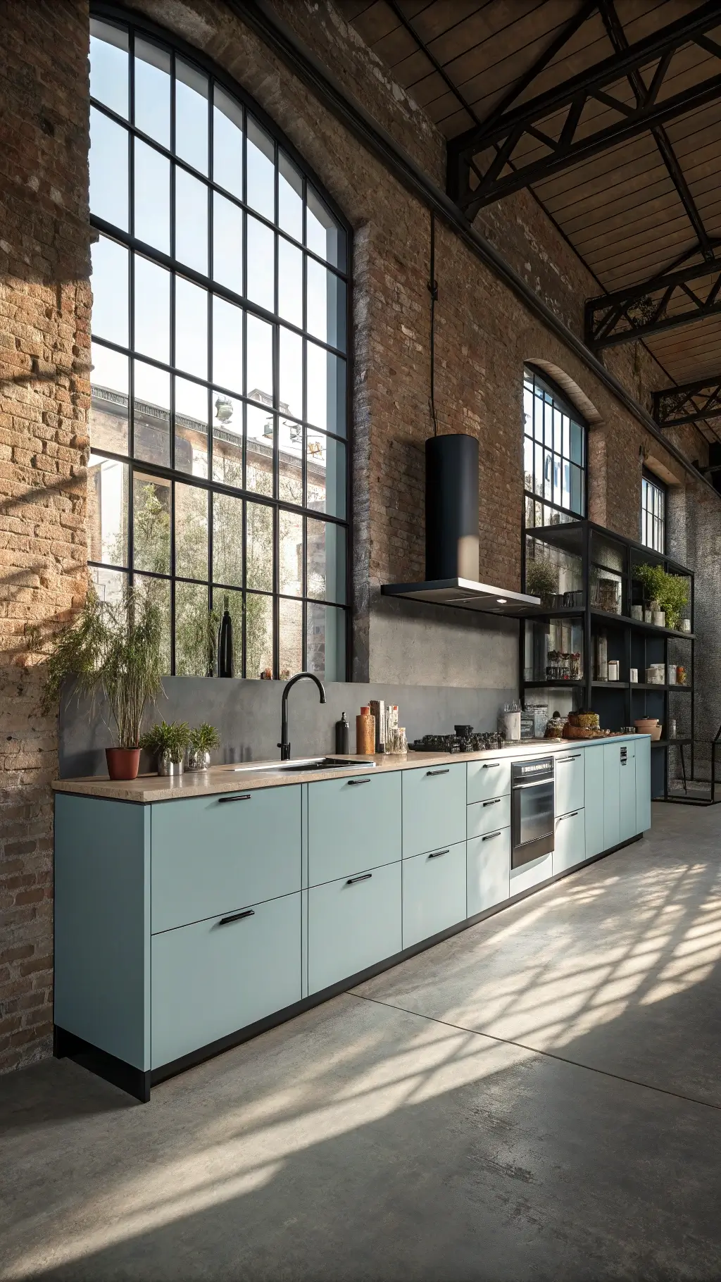 Industrial-style kitchen with pale blue metal cabinets, blackened steel accents, large warehouse windows, concrete floors, exposed brick, styled with modern ceramics, preserved botanicals, and dramatic side lighting.