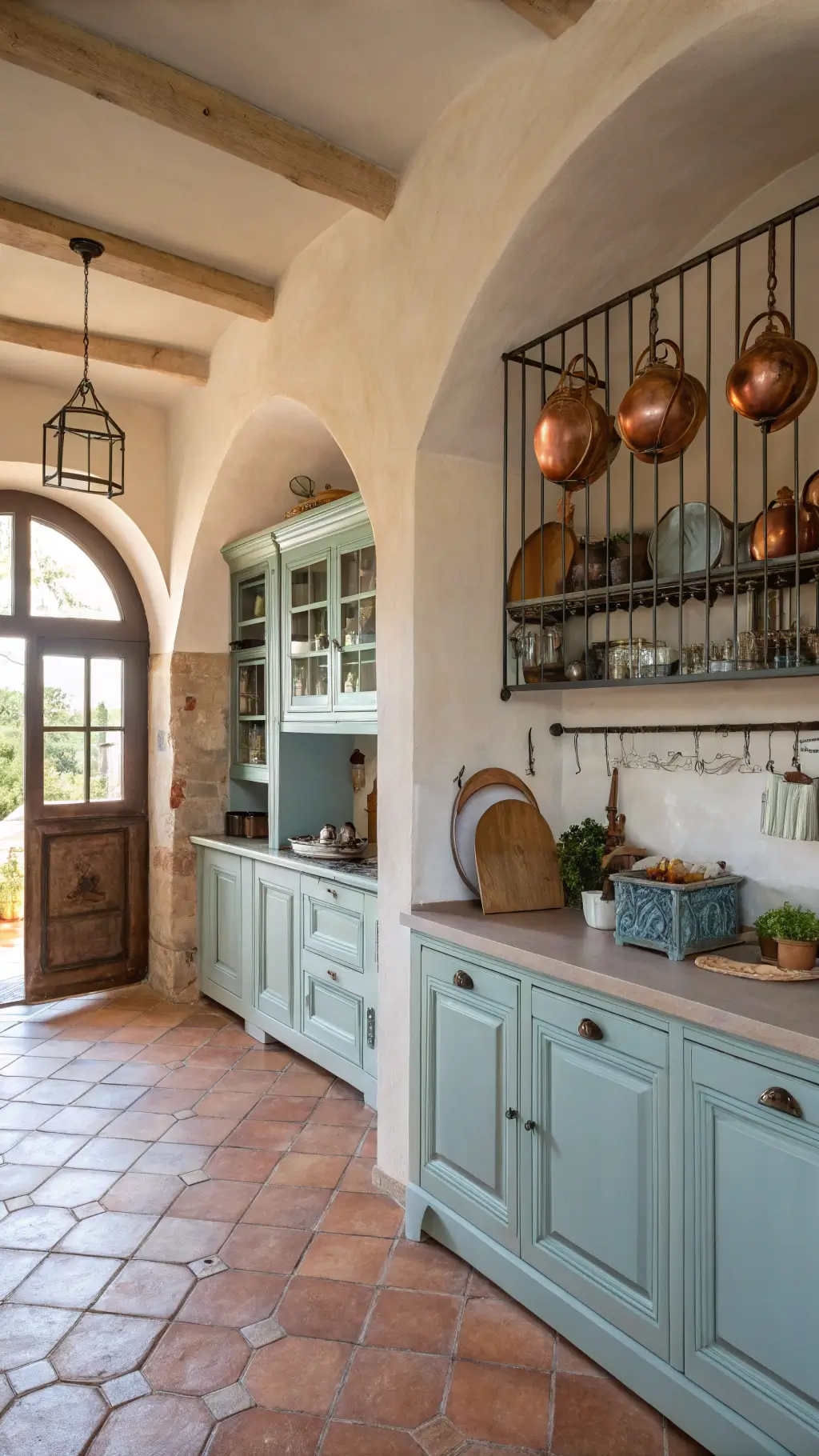 Mediterranean kitchen with pale blue cabinets, terra cotta floors, arched doorways, plastered walls, copper pots on iron rack, ceramic plates on open shelves, and warm afternoon light