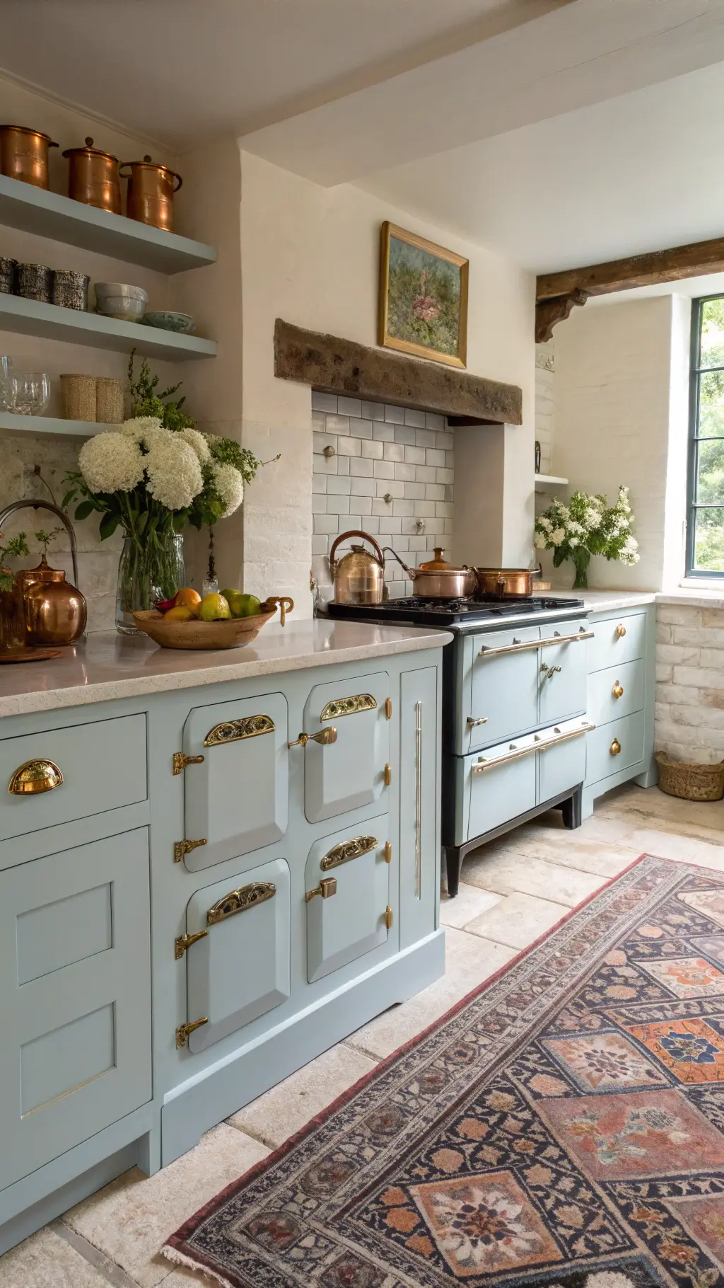 Cozy English country kitchen with pale blue cabinets, AGA range, painted brick backsplash, vintage rugs on limestone floors, and copper vessels with fresh flowers