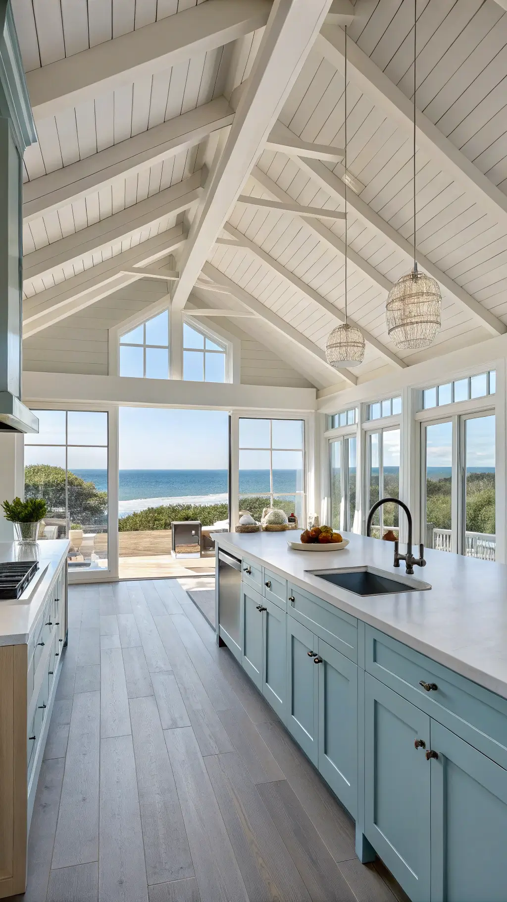 Modern coastal kitchen with pale blue slab cabinets, exposed white trusses under a vaulted 20' ceiling, panoramic ocean views through a window wall, styled minimally with pale woods and natural elements, lit by natural oceanic light.