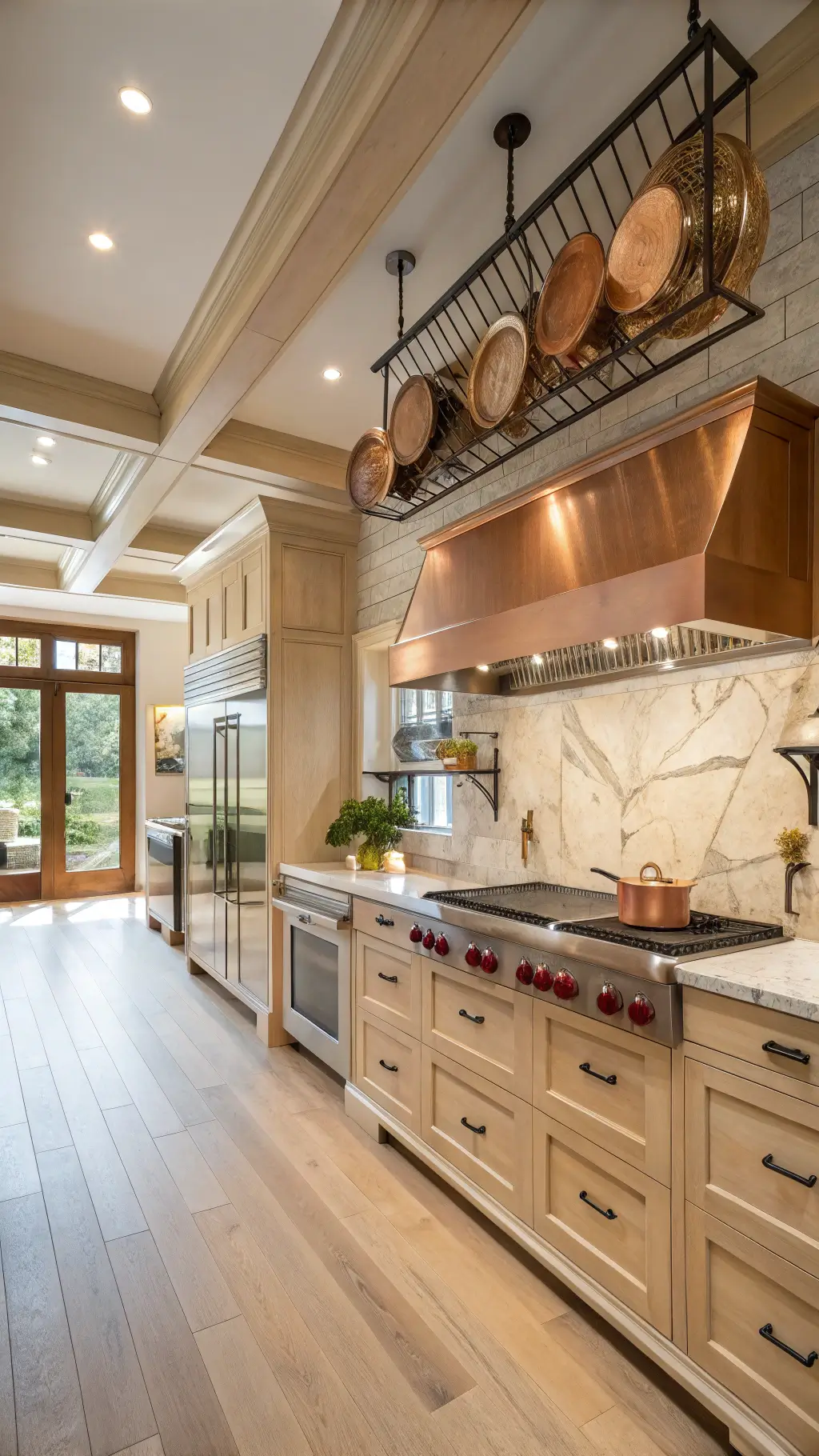 Spacious 16x20ft professional kitchen featuring light maple custom cabinetry, stainless steel appliances, copper cookware on a commercial-style pot rack, and a ceiling-high marble backsplash, illuminated by afternoon light.