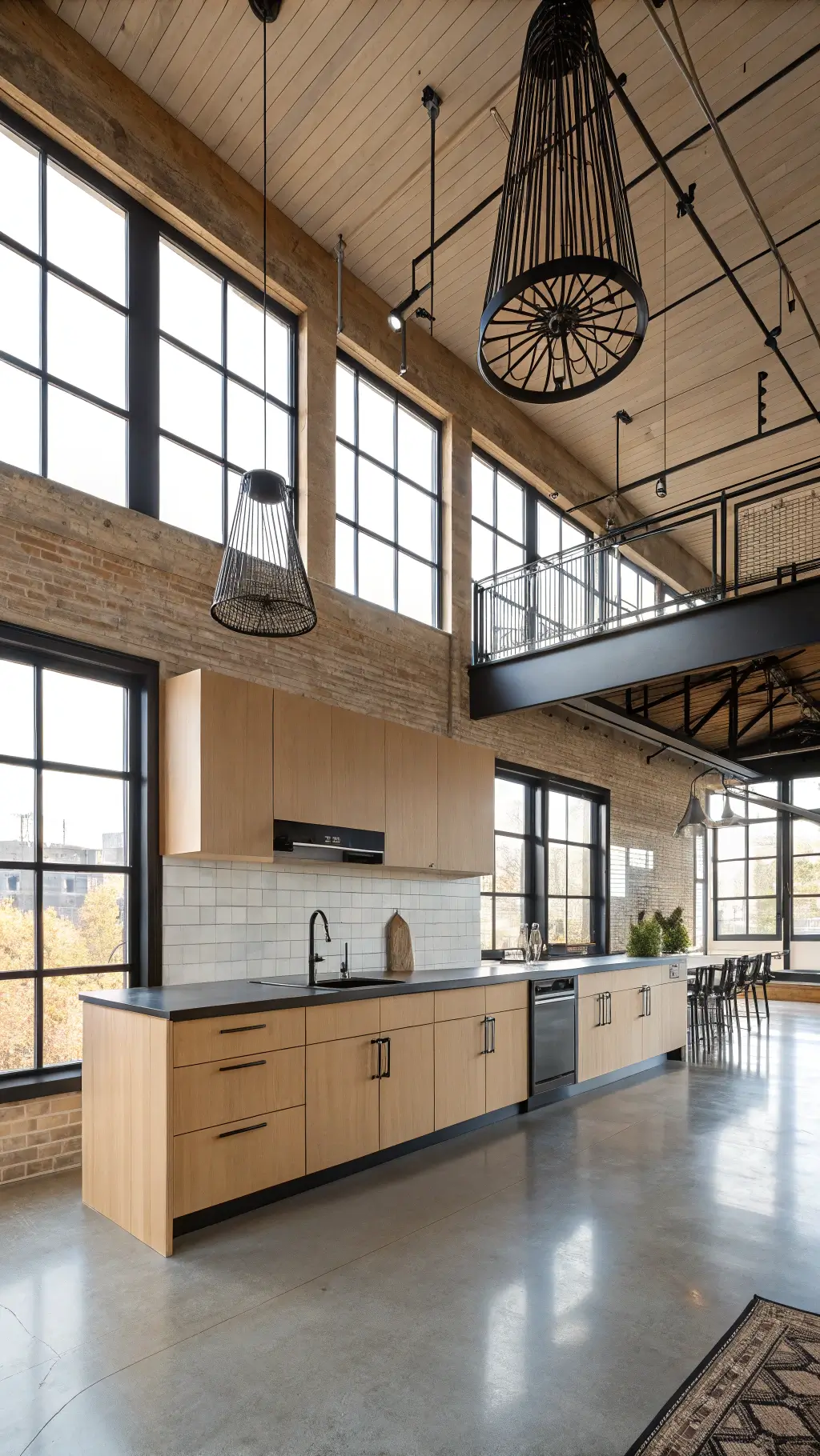 Modern industrial loft kitchen with double-height space, large industrial windows, light maple cabinets, exposed beams, polished concrete floors, black steel accents, and geometric pendant lights, shot from mezzanine level.