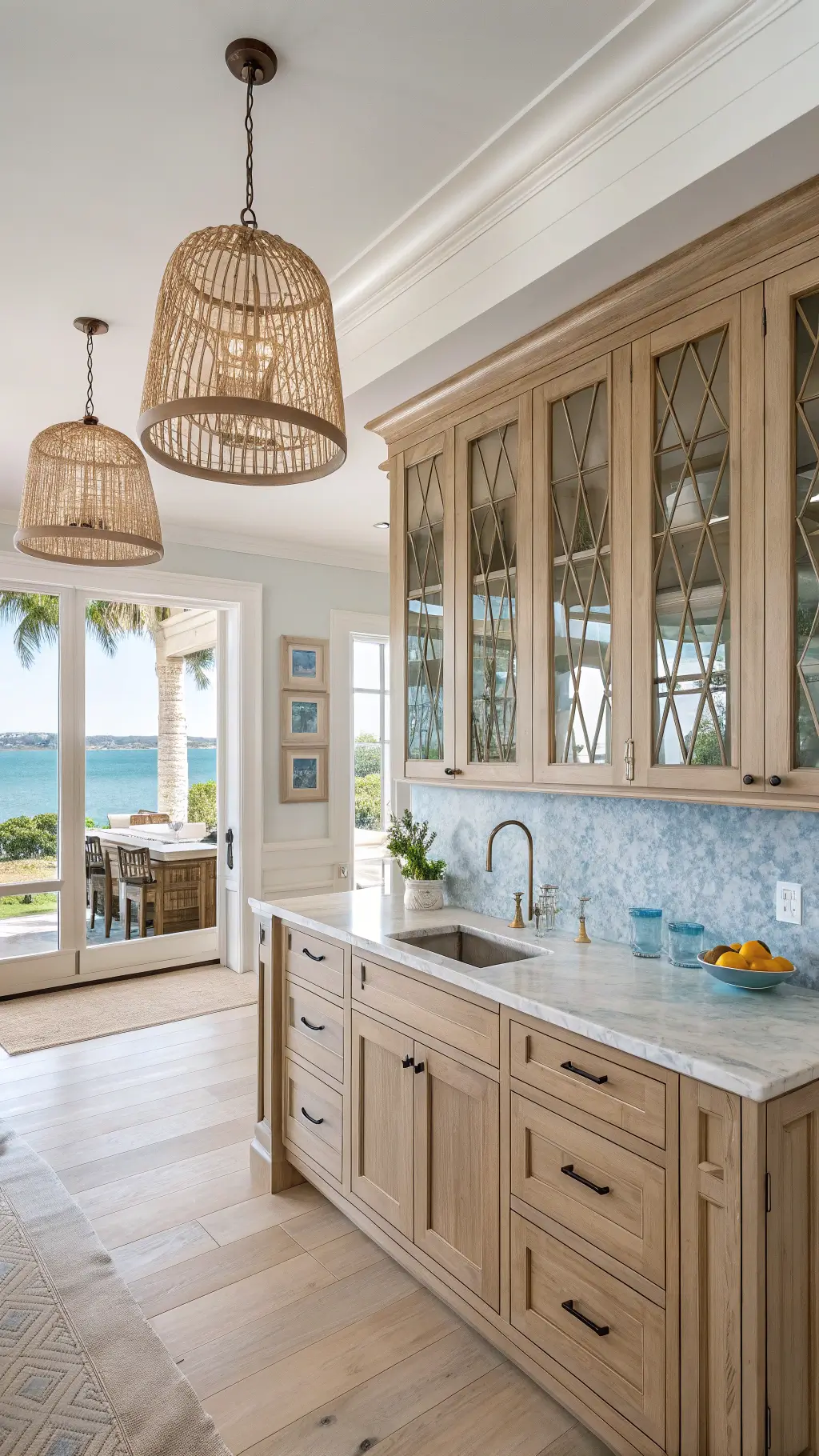 Bright and airy 16x18ft coastal pale oak kitchen suite featuring glass cabinet uppers with blue-and-white chinoiserie, Carrara marble counters and backsplash, rattan pendant lights, and striped Roman shades framing the water view from a wall of windows, illuminated by morning light.