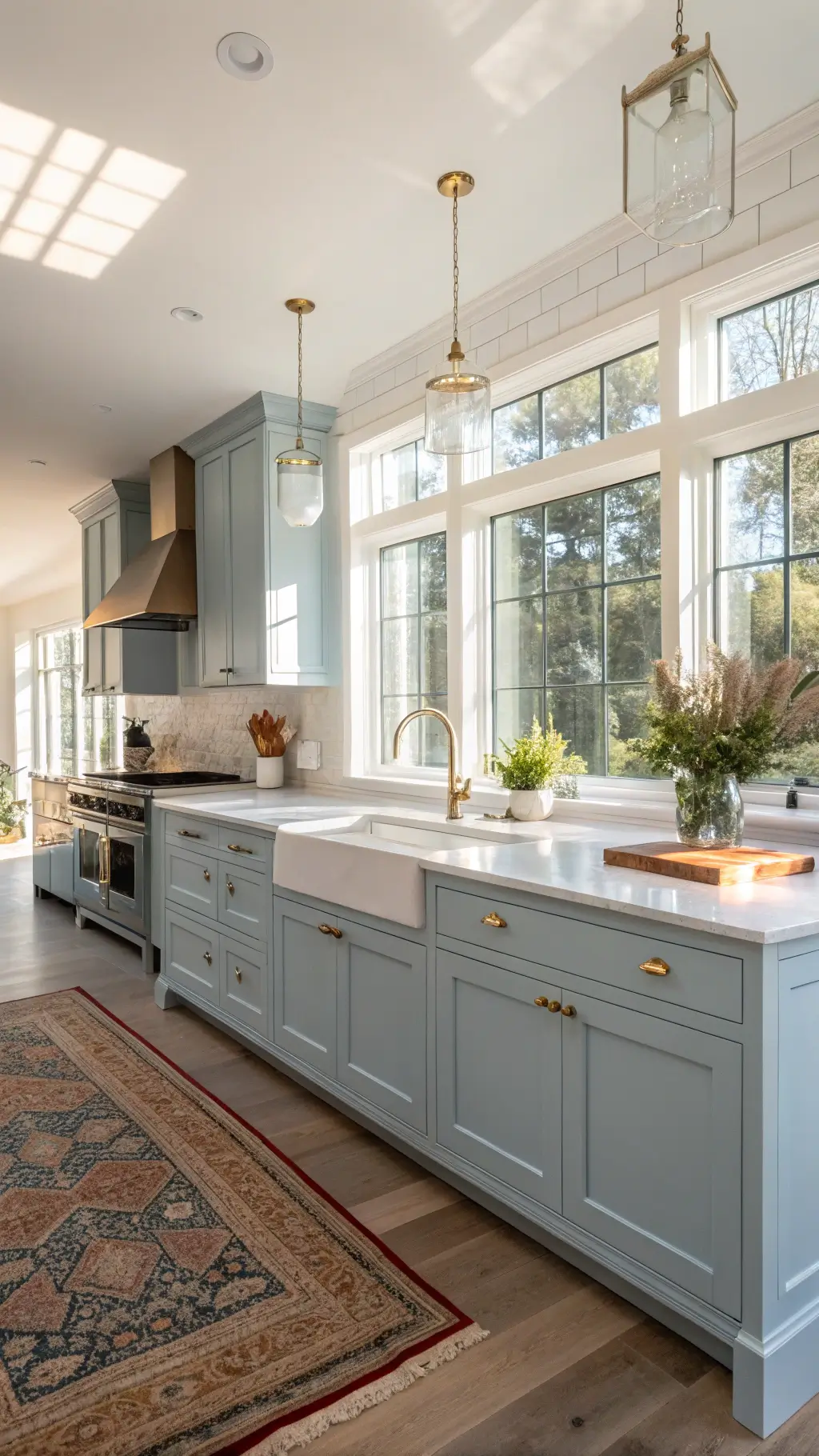 Sunny powder blue kitchen with floor-to-ceiling Shaker-style cabinets and white quartz countertops, featuring brass hardware, center island with butcher block and artisanal ceramics, and vintage Persian runner.