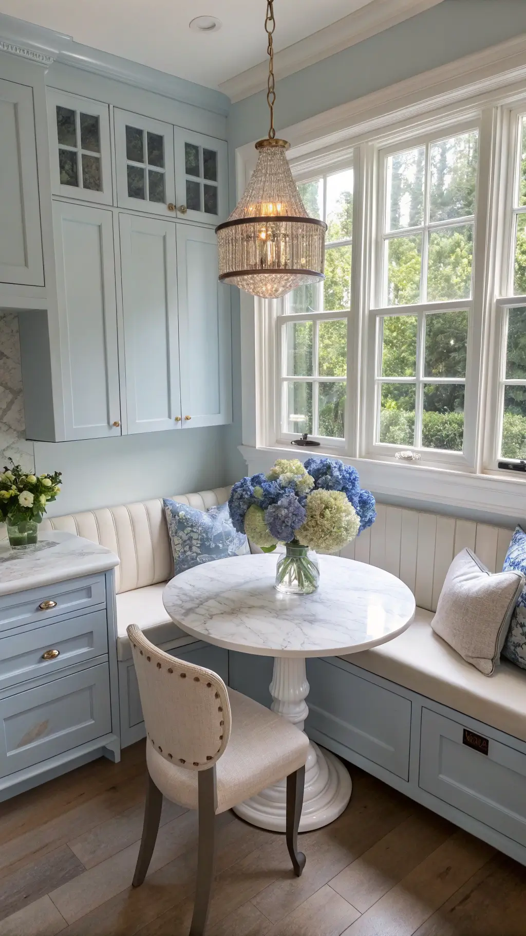 Above-angle view of a cozy 8x8ft breakfast nook in a powder blue kitchen, featuring cream linen banquette, traditional cabinets, Victorian windows, crystal pendant light, and a marble cafe table adorned with blue hydrangeas.
