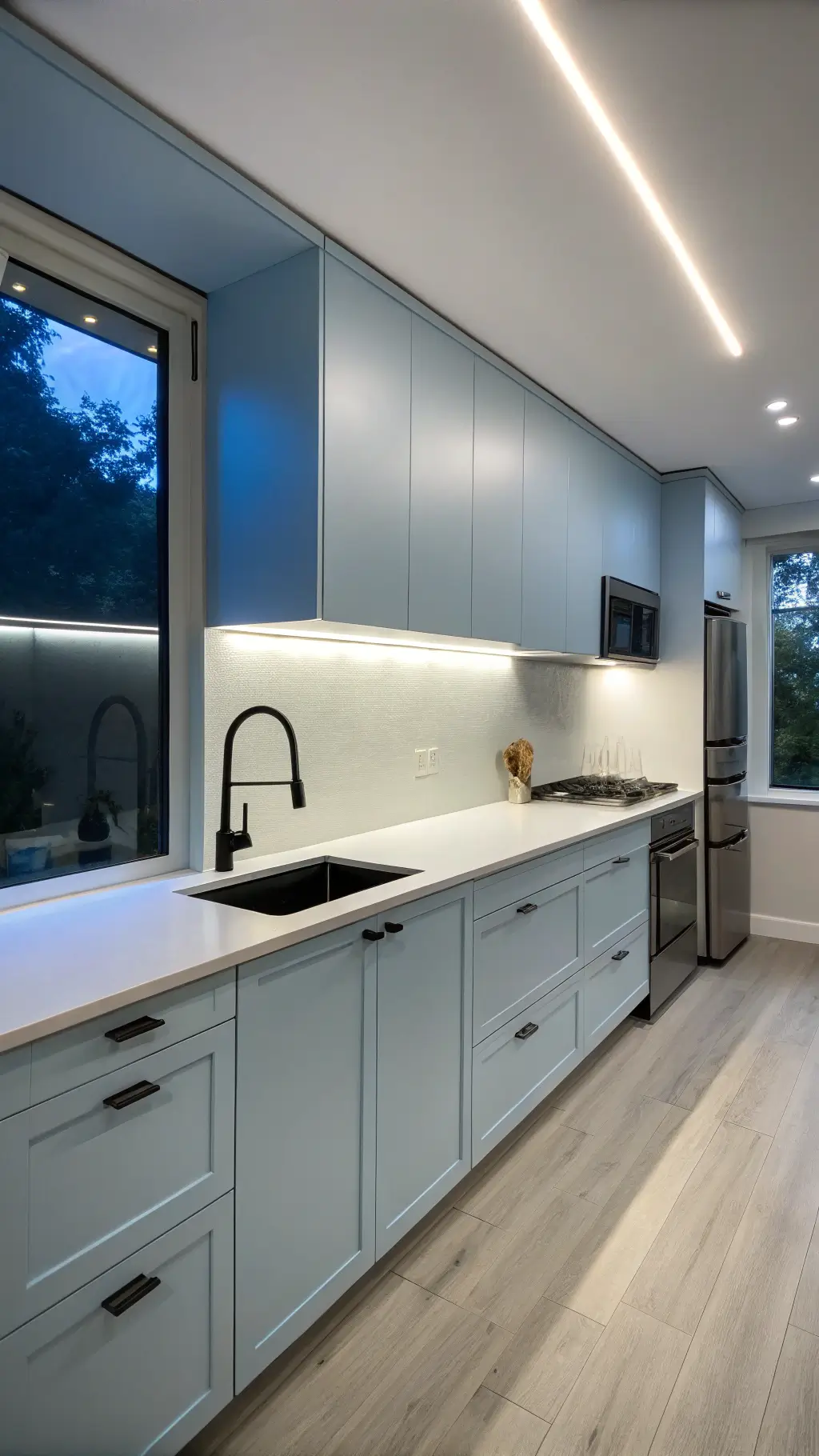 Minimalist powder blue kitchen with matte finish cabinets, white countertops, stainless steel appliances and glowing under-cabinet lighting at twilight.