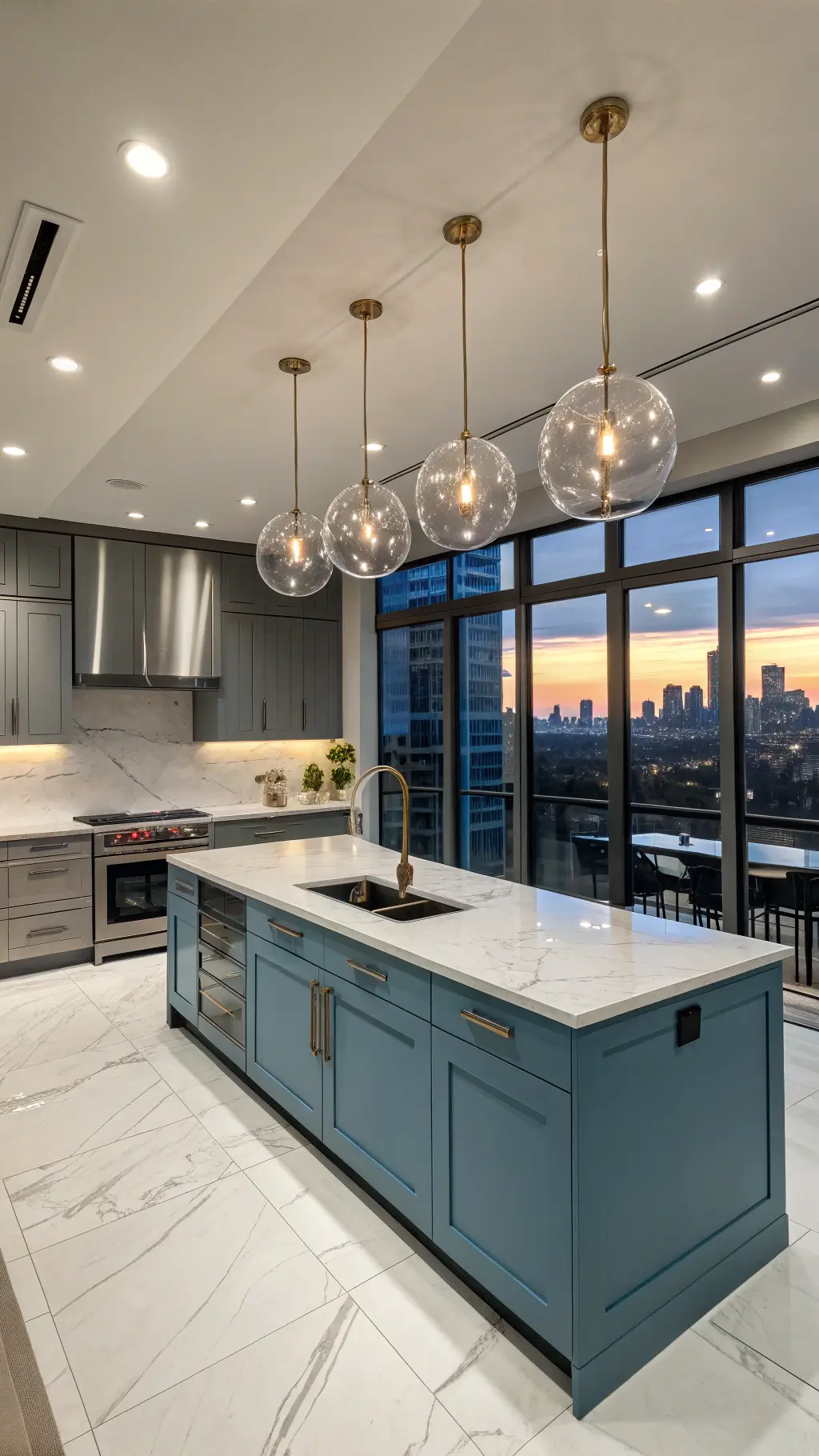 Modern open concept kitchen featuring powder blue and charcoal cabinets, with a white quartzite waterfall island, framed by large windows showcasing urban view, illuminated by a cluster of smoked glass globe pendants and mixed lighting