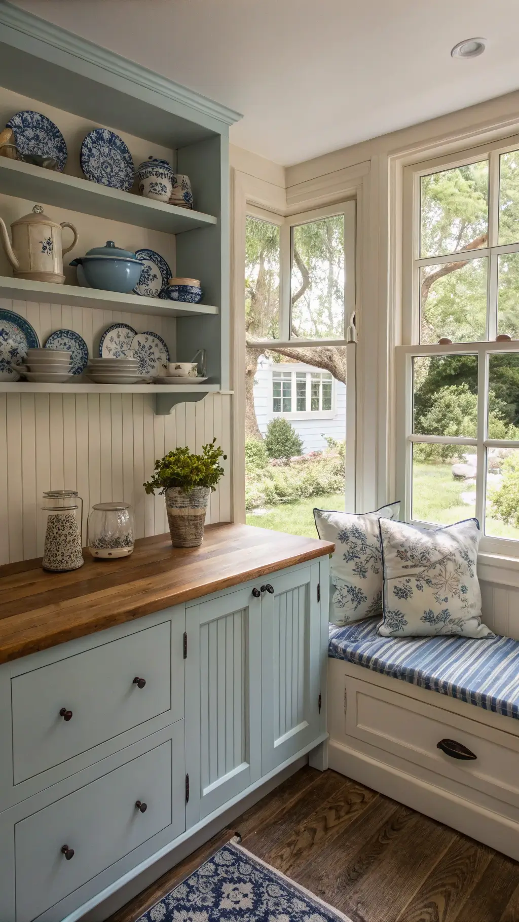Cottage kitchen with powder blue cabinets, window seat view of garden, butcher block counters and vintage china on open shelves, captured in natural, dappled afternoon light