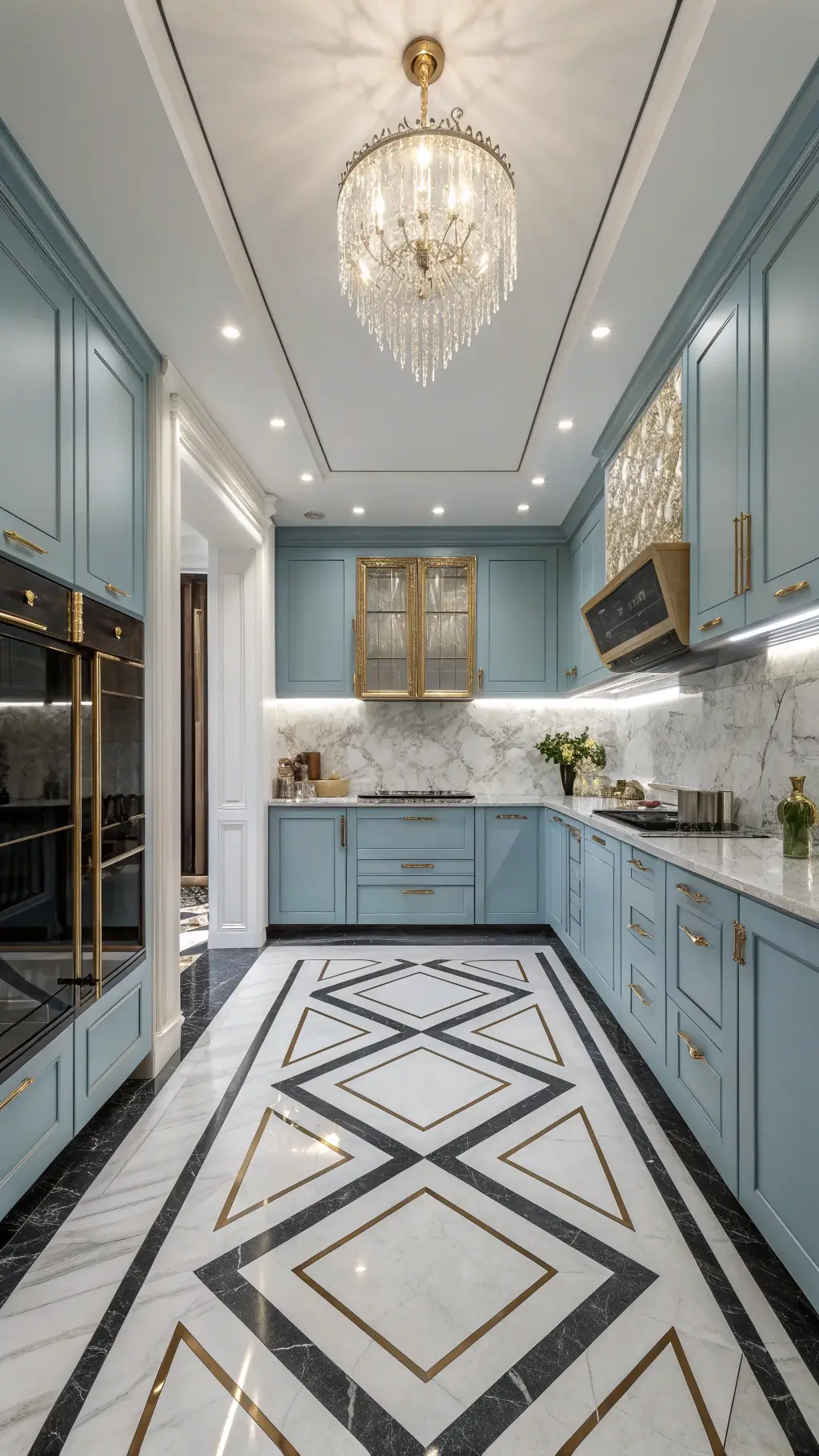 Art deco kitchen with powder blue lacquered cabinets, geometric brass inlays, black and white marble floors, crystal chandelier, and mirrored backsplash, shot from a low angle with studio lighting