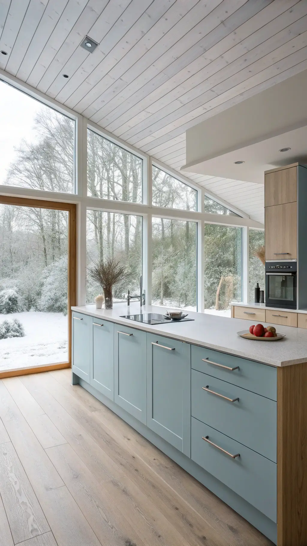 Scandinavian-modern kitchen in powder blue with pale ash wood cabinets, floor-to-ceiling windows illuminating morning frost, and a floating white oak island in a 16x14ft space, photographed with natural light using a medium format digital camera.