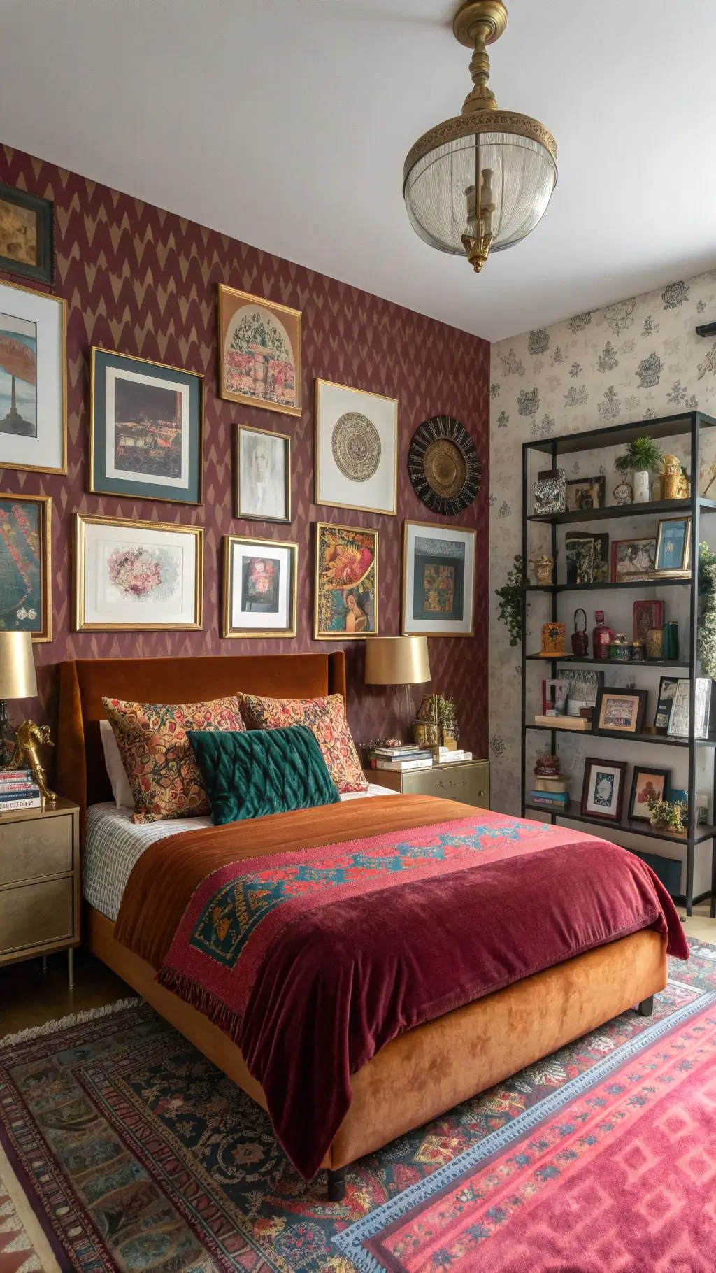 Maximalist 13x13ft paradise space with midday light illuminating vintage and modern art on gallery wall, jewel-toned velvet bedding, mixed textiles, bold wallpaper ceiling, and a brass étagère showcasing collected treasures.