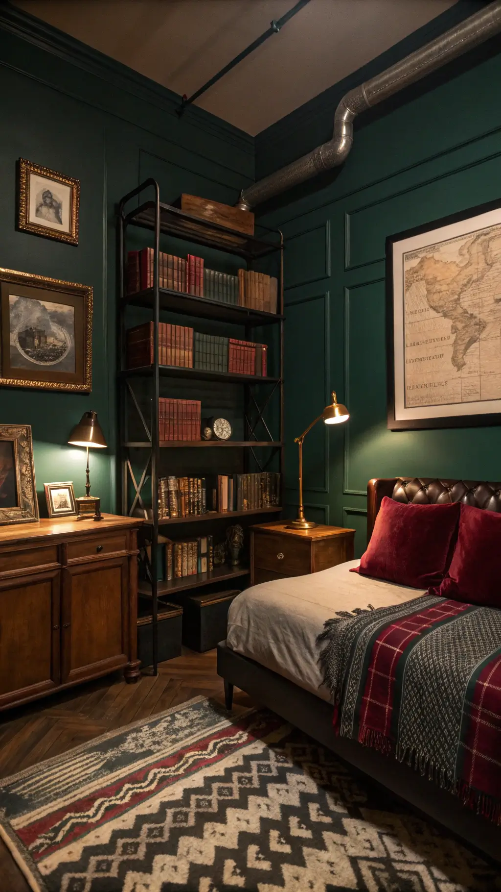 Overhead view of a moody dark academia dorm room with emerald walls, mahogany furniture, leather-bound books, brass details, and a bed accented by a herringbone throw blanket and burgundy pillows.