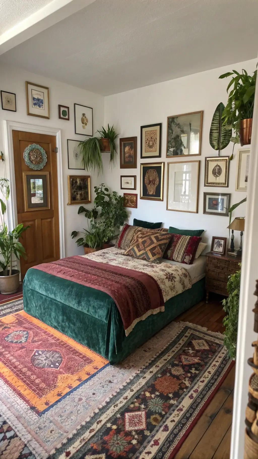 Mid-afternoon shot of an eclectic maximalist haven featuring jewel-toned velvet bedding, mixed pattern throw pillows, vintage rugs, a gallery wall with framed prints and mirrors, and a corner filled with plants in varied pots with global-inspired textiles and brass details.