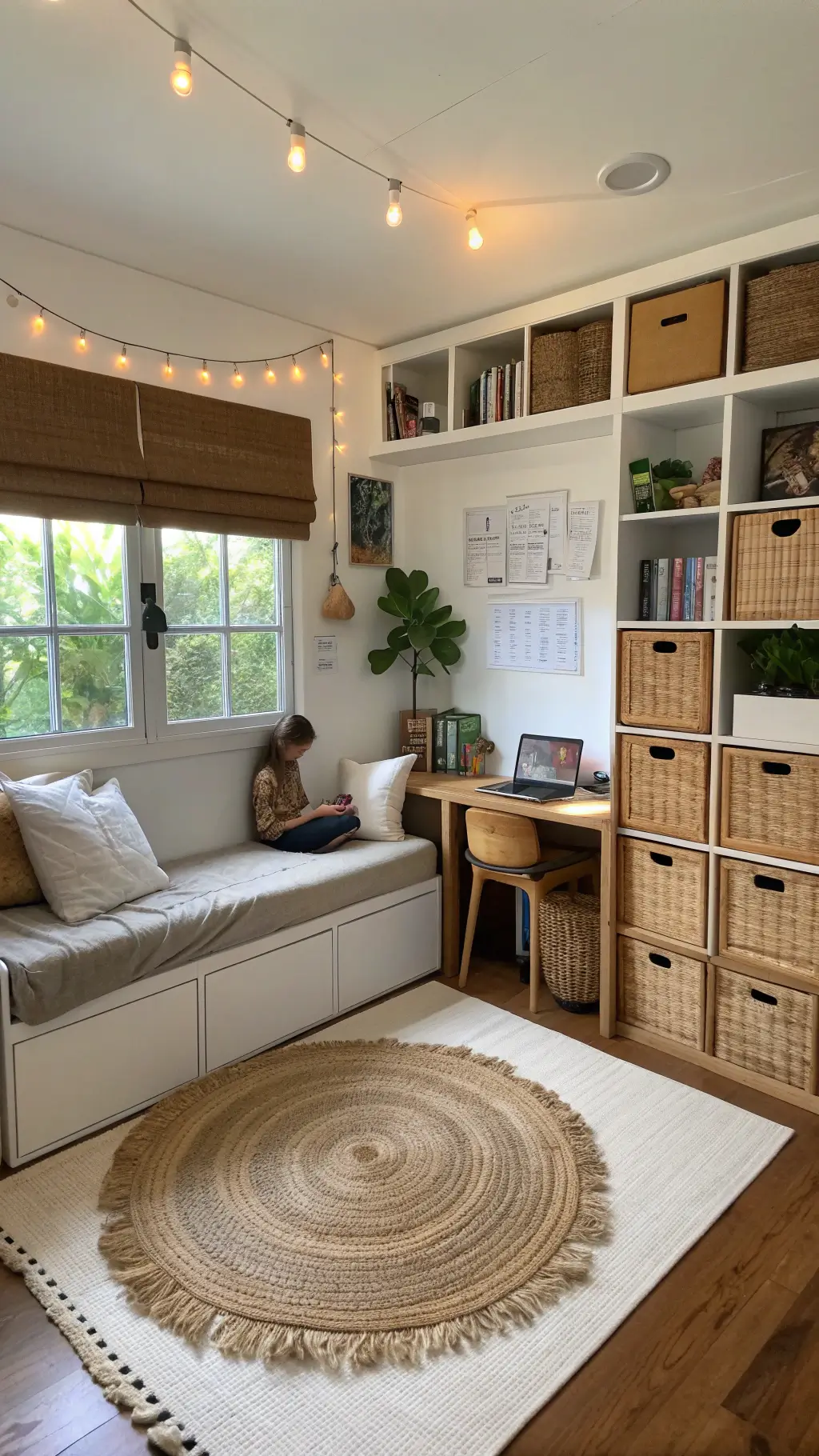 Eye-level view of a versatile 12x12ft space with convertible furniture, modular wooden storage cubes, task lighting, jute rug and linen window treatments at mid-day.