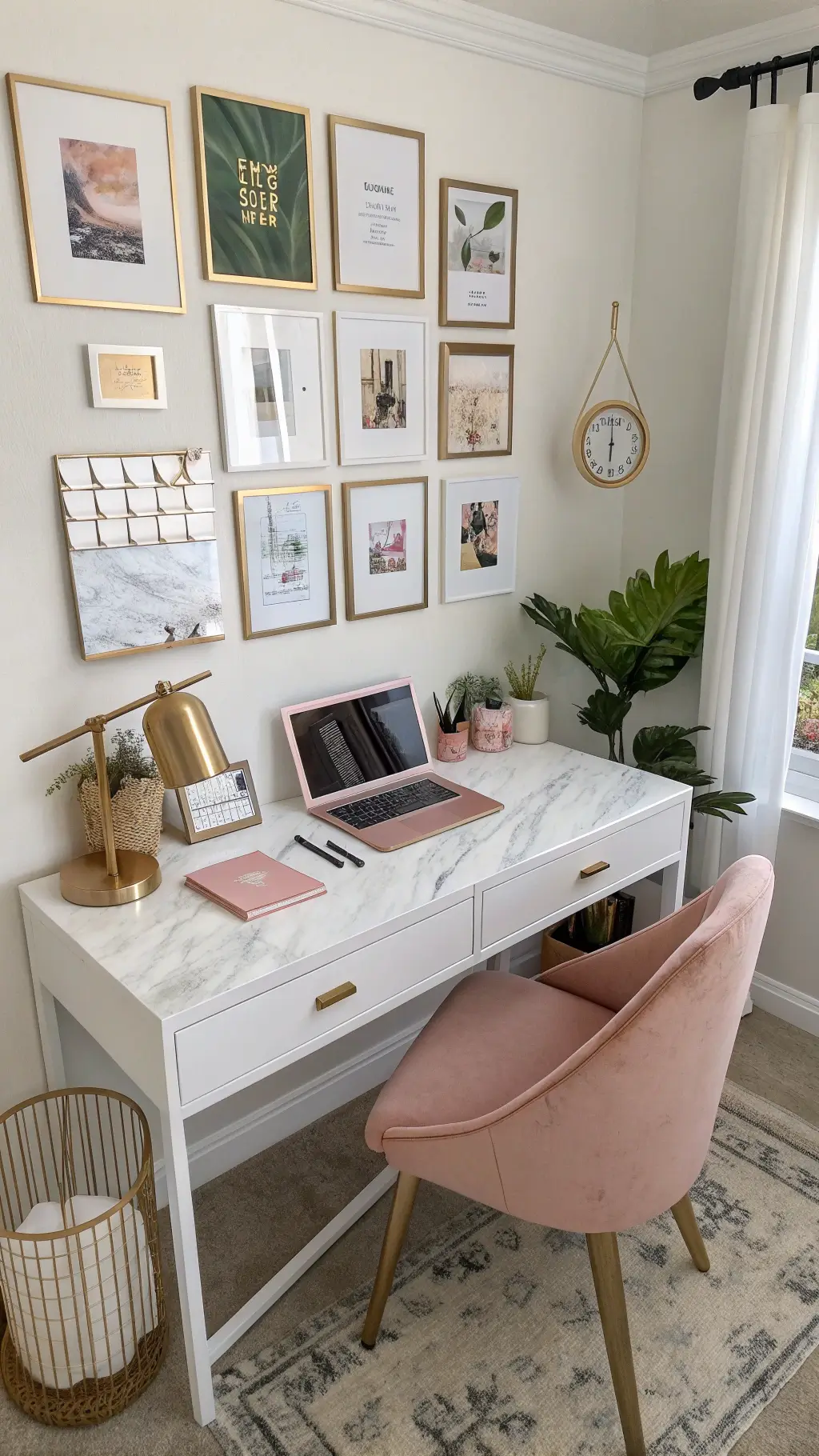 Bird's eye view of an Instagram-worthy study nook in a picture-perfect 14x14ft space, featuring rose gold accessories, marble accents, curated prints in matching frames on a gallery wall, strategically placed plants, and optimized lighting for photo opportunities in the midday.