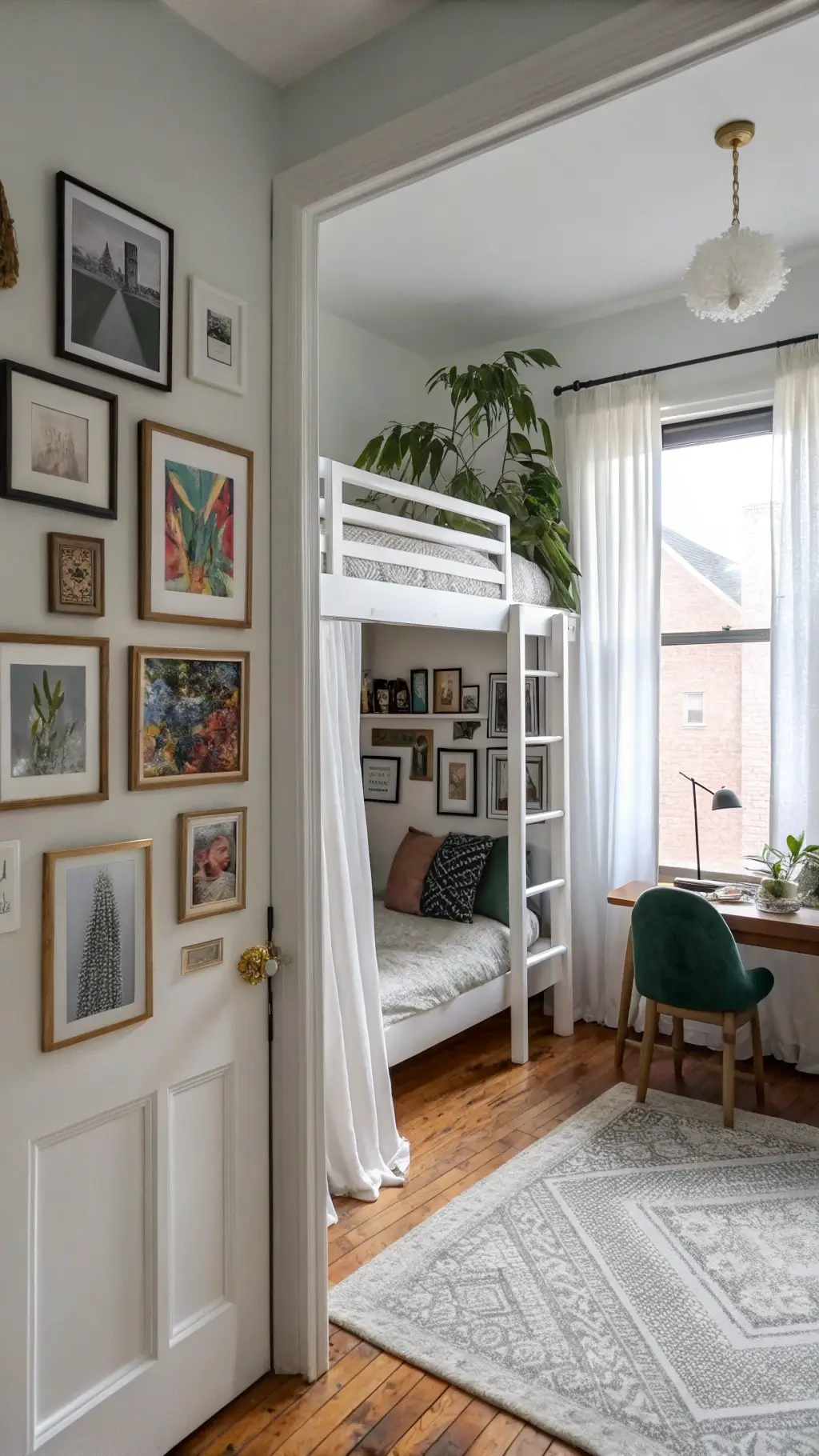 Midday view of a well-lit room featuring a lofted bed, study area, large window with white curtains, gallery wall with art prints and personal photos in brass frames, in a color scheme of white, grey, blush and deep green accents.