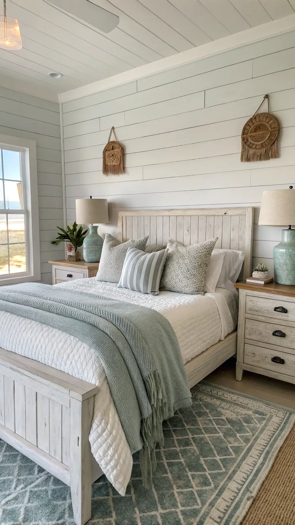 Morning view of a coastal sanctuary bedroom with a wooden bed draped in cream and seafoam linens, ceramic lamps on raw edge nightstands, and walls painted in Sherwin Williams 'Sea Salt'.