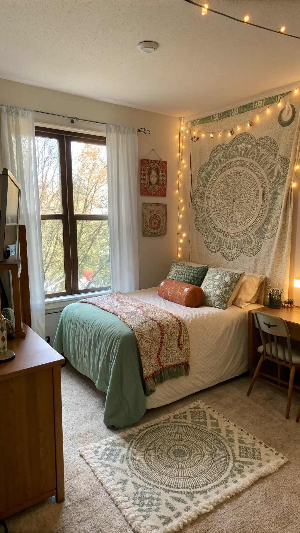 Cozy dorm room at golden hour with warm light shining through sheer curtains, twin XL bed with knit throw and mixed pattern pillows, oversized mandala tapestry, string lights, plush ivory rug, and vintage desk lamp.
