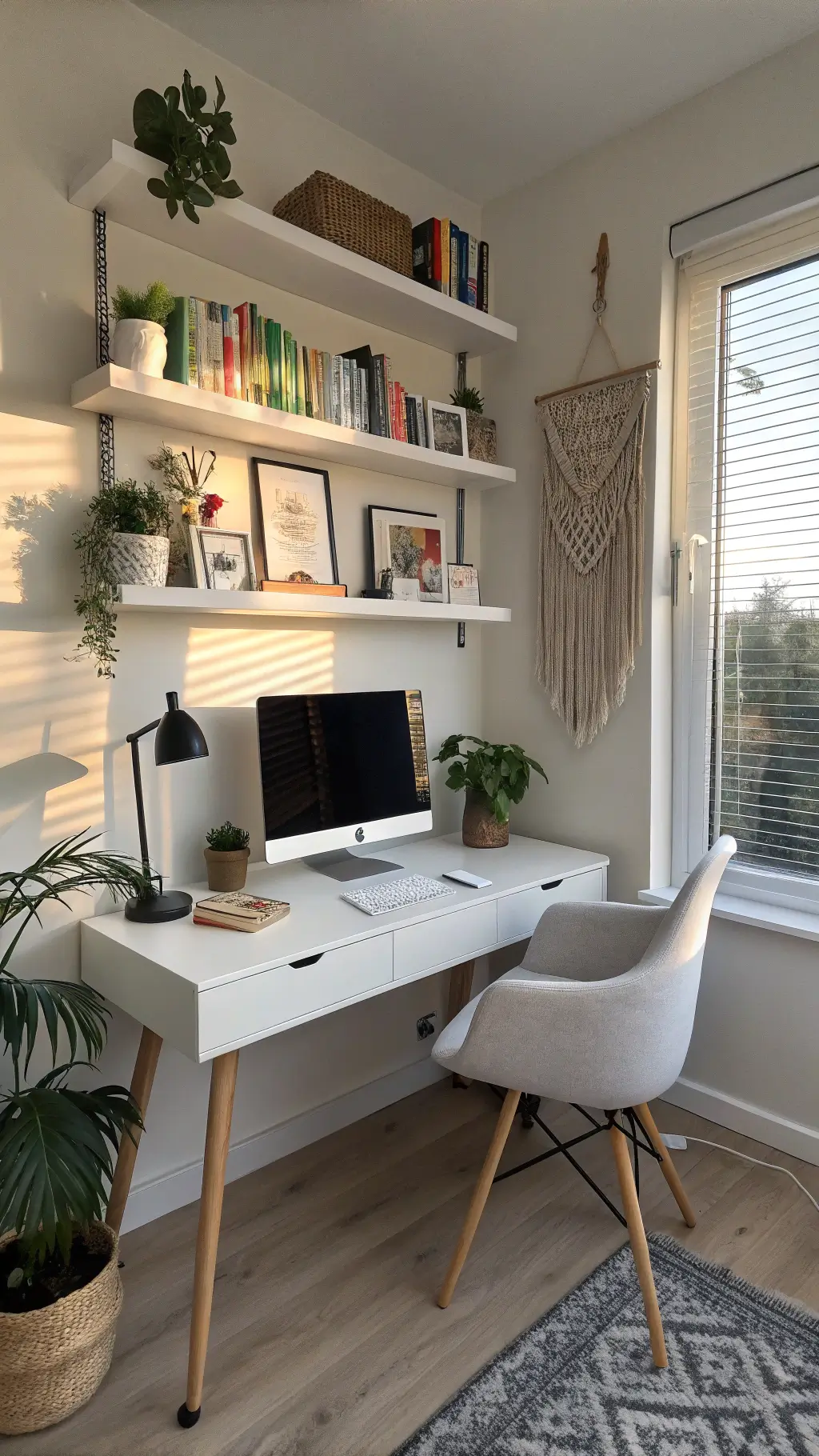 Minimalist student workspace with white oak shelves, books, small plants, ergonomic chair, and IKEA desk under morning light through venetian blinds